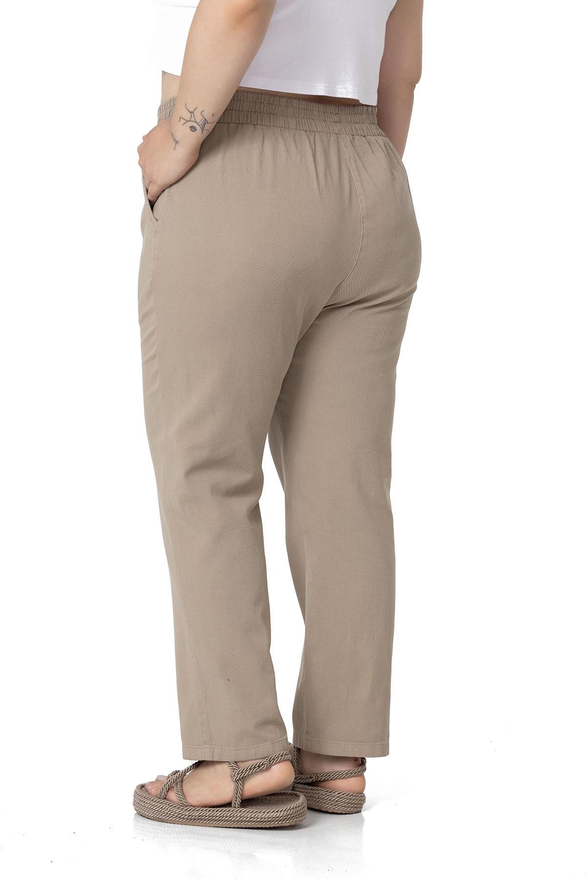 Büyük Beden Beli Lastikli Cepli Gabardin Vizon Pantolon