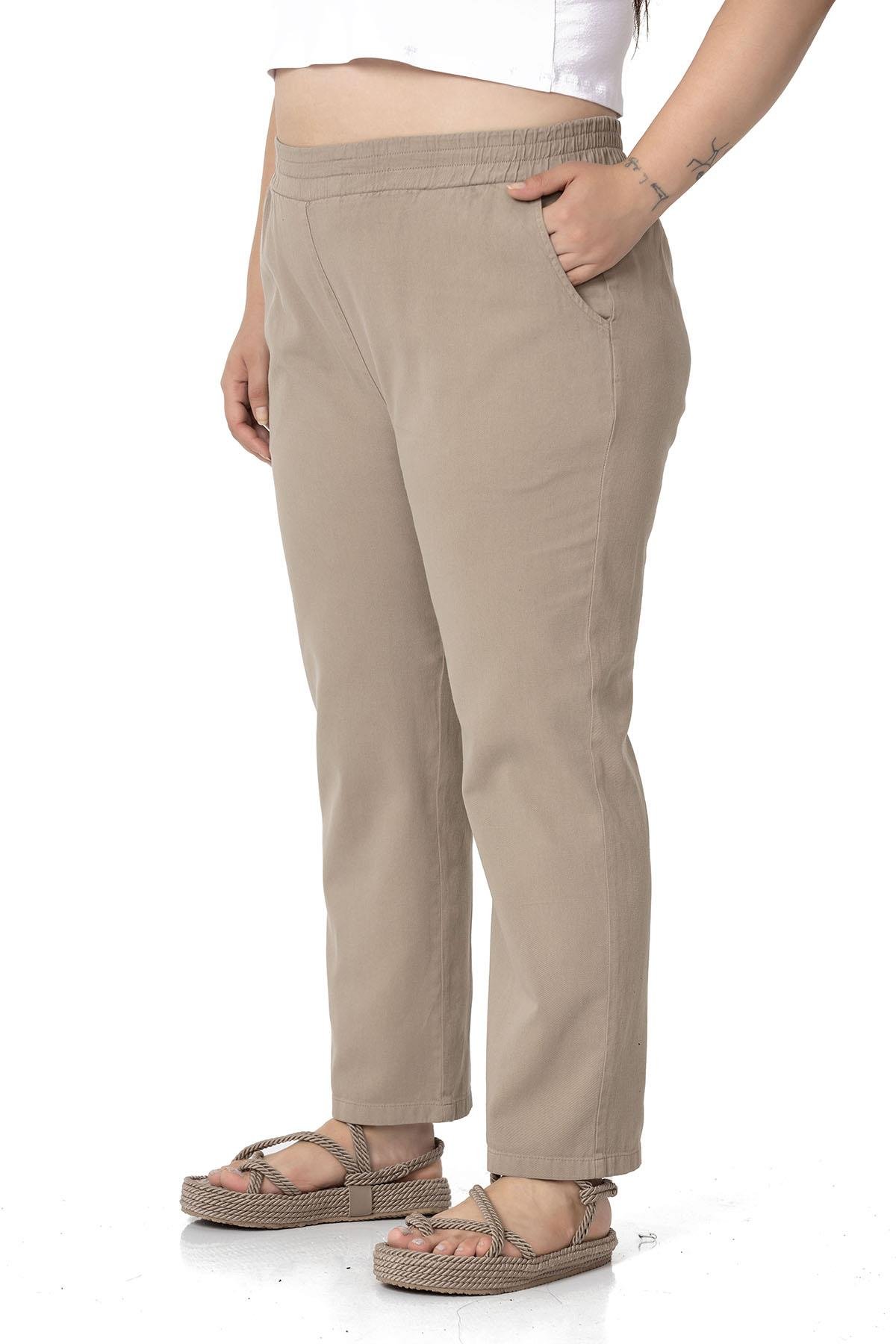 Büyük Beden Beli Lastikli Cepli Gabardin Vizon Pantolon