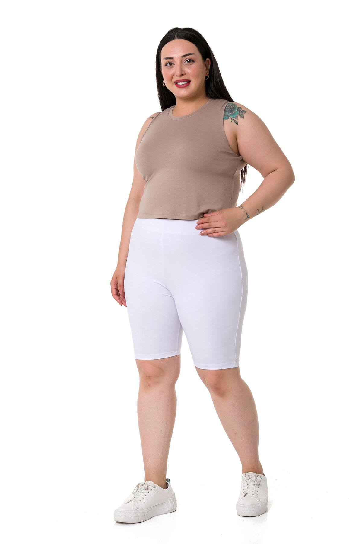 Büyük Beden Beli Lastikli Diz Üstü Beyaz Bayan Tayt 