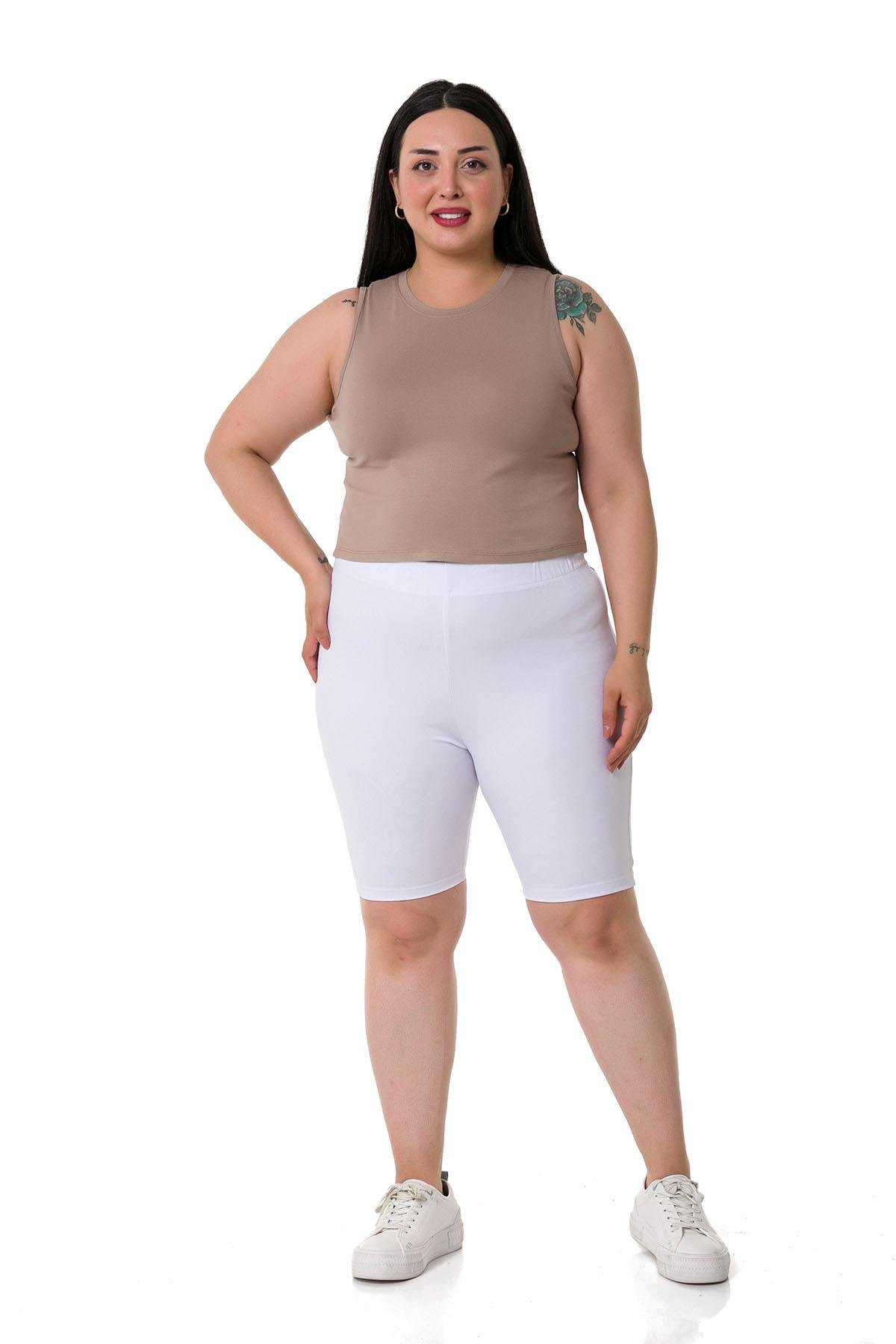 Büyük Beden Beli Lastikli Diz Üstü Beyaz Bayan Tayt 