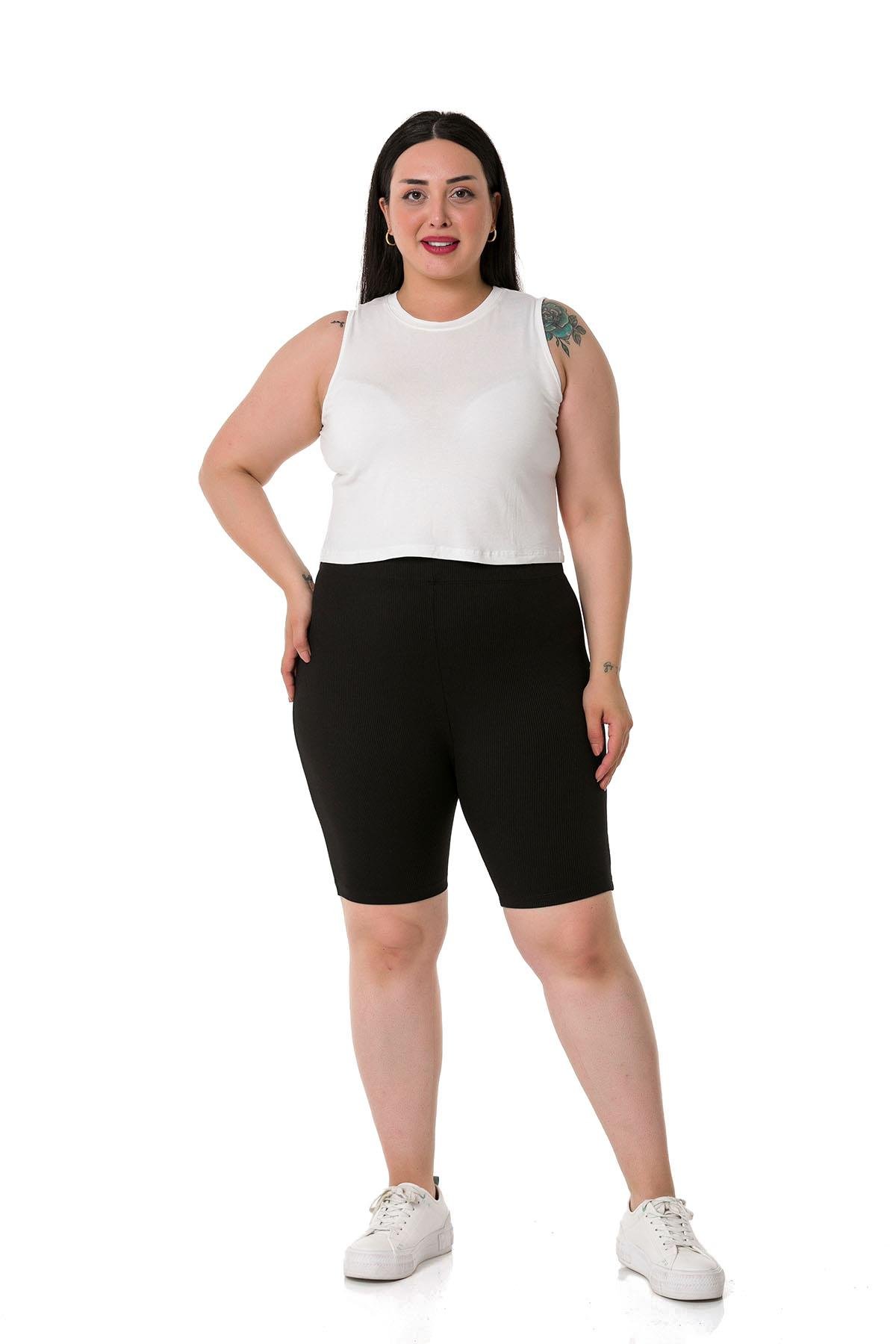 Büyük Beden Beli Lastikli Diz Üstü Fitilli Siyah Bayan Tayt 