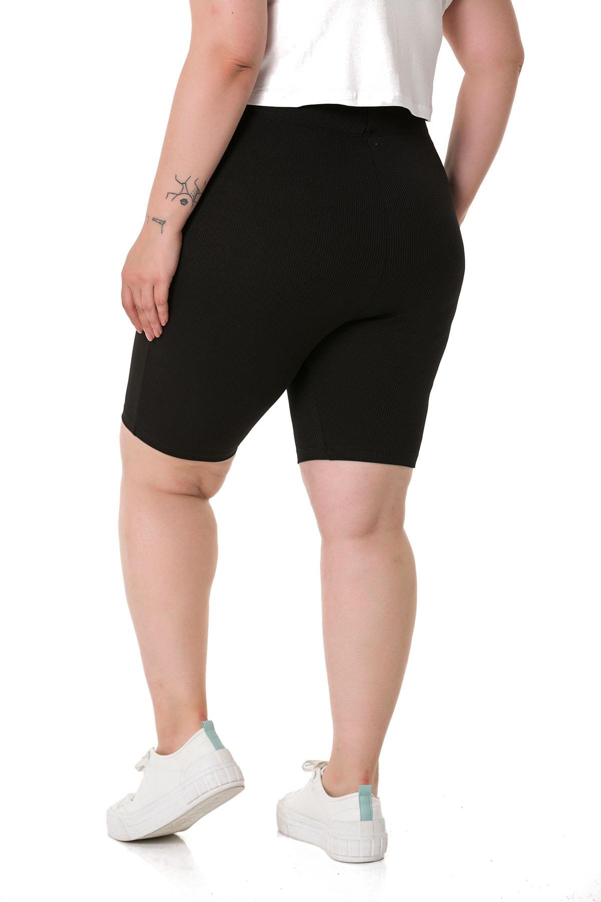 Büyük Beden Beli Lastikli Diz Üstü Fitilli Siyah Bayan Tayt 