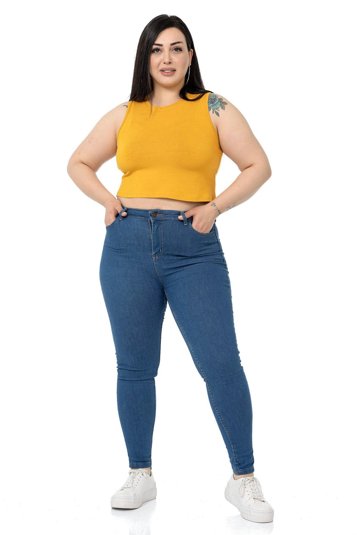 Büyük Beden Bisiklet Yaka Kolsuz Crop Viskon Hardal Body