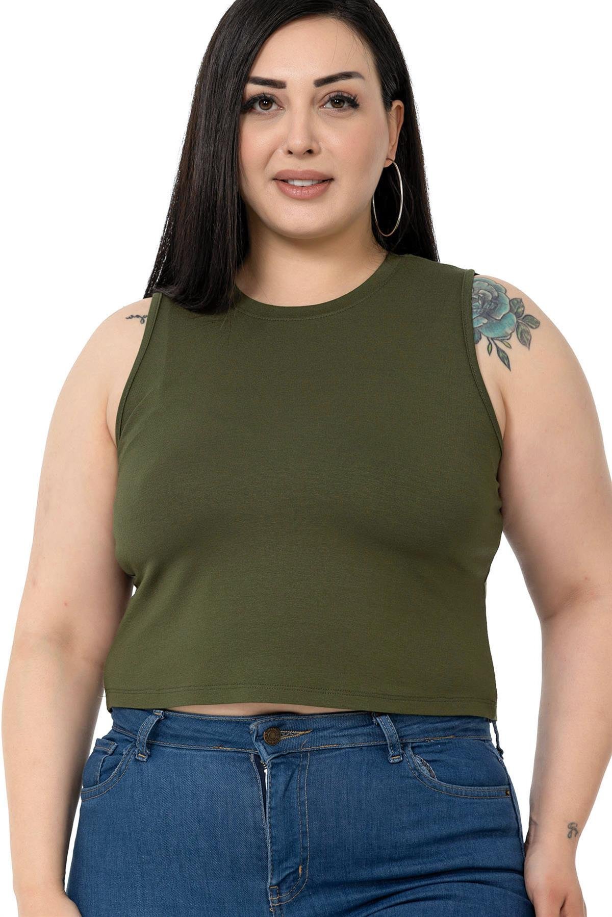 Büyük Beden Bisiklet Yaka Kolsuz Crop Viskon Haki Body