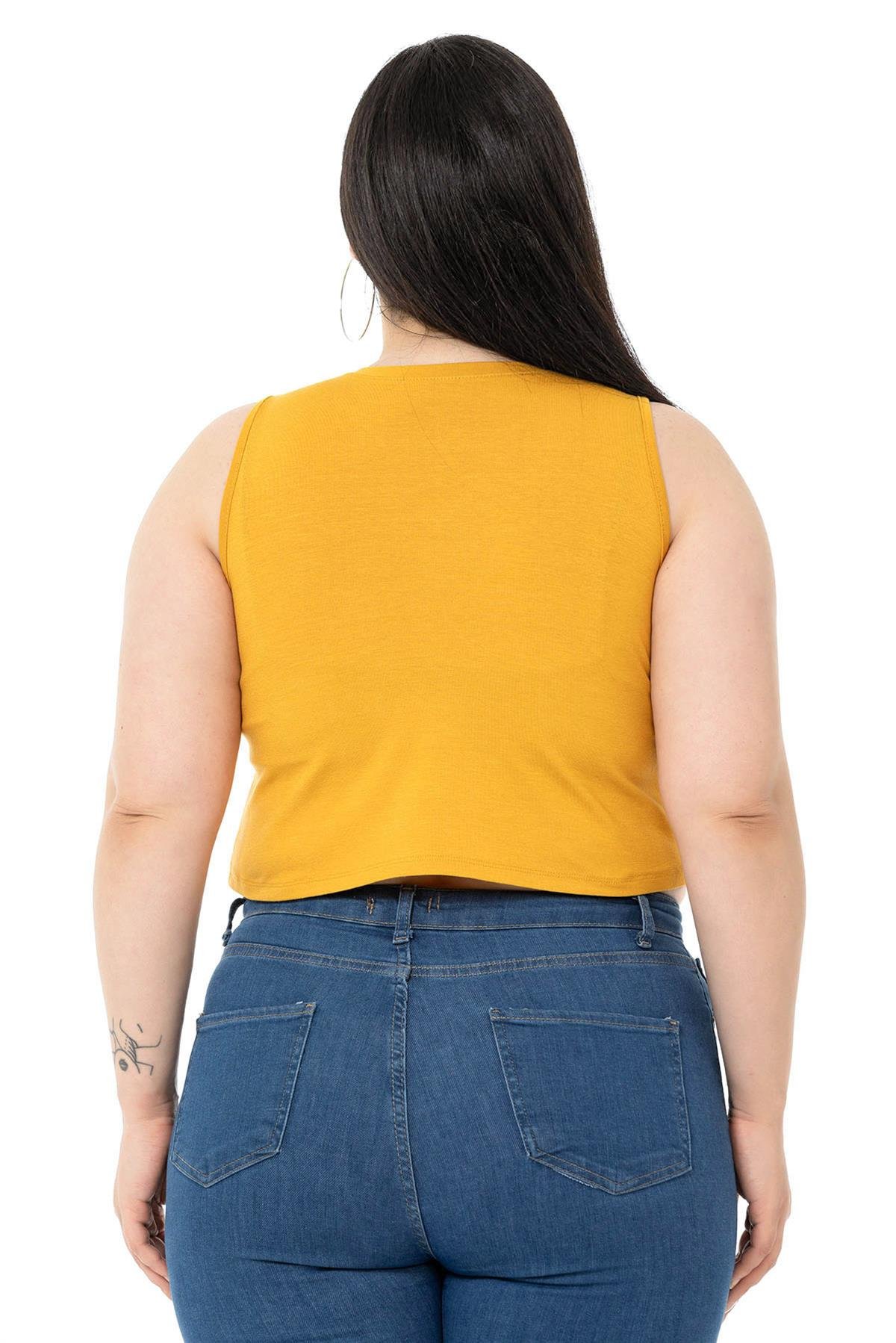 Büyük Beden Bisiklet Yaka Kolsuz Crop Viskon Hardal Body