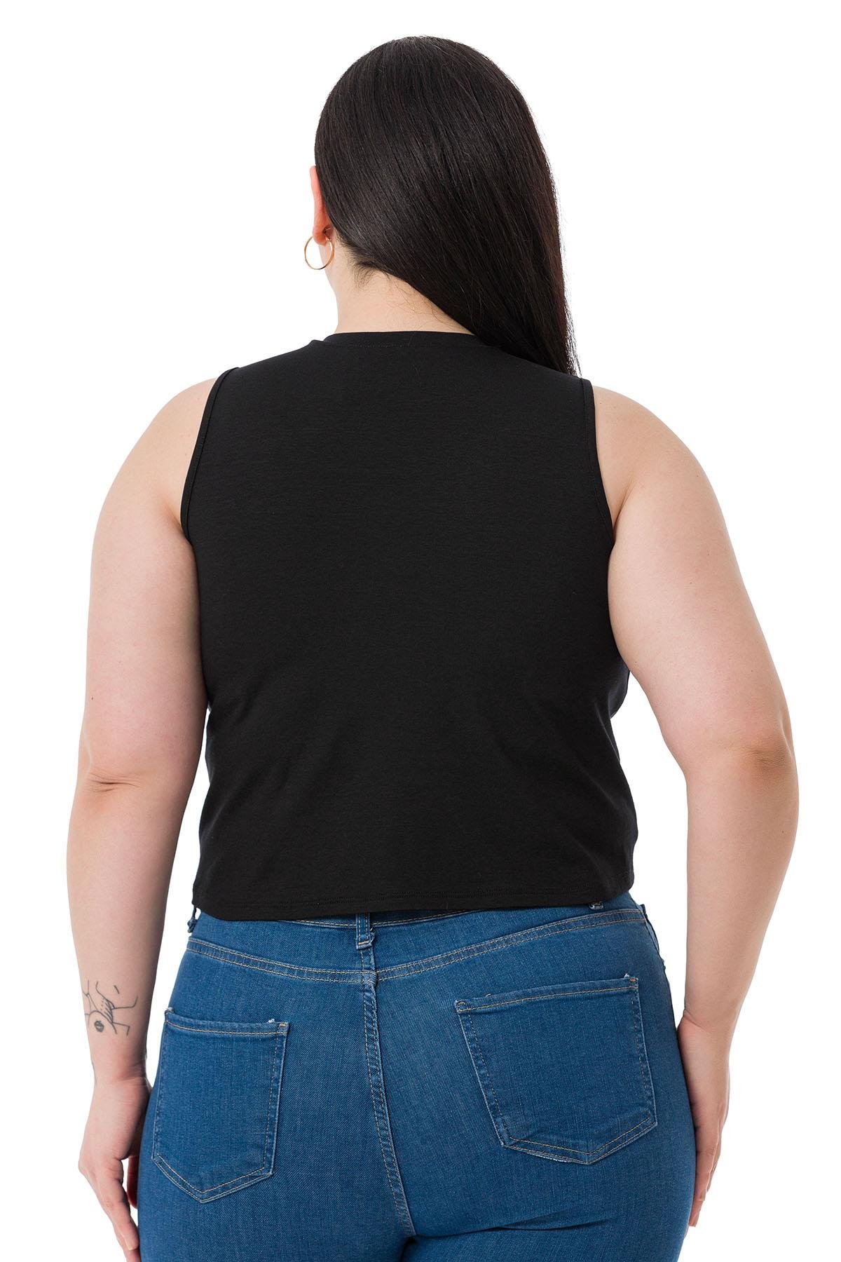 Büyük Beden Bisiklet Yaka Kolsuz Crop Viskon Siyah Body