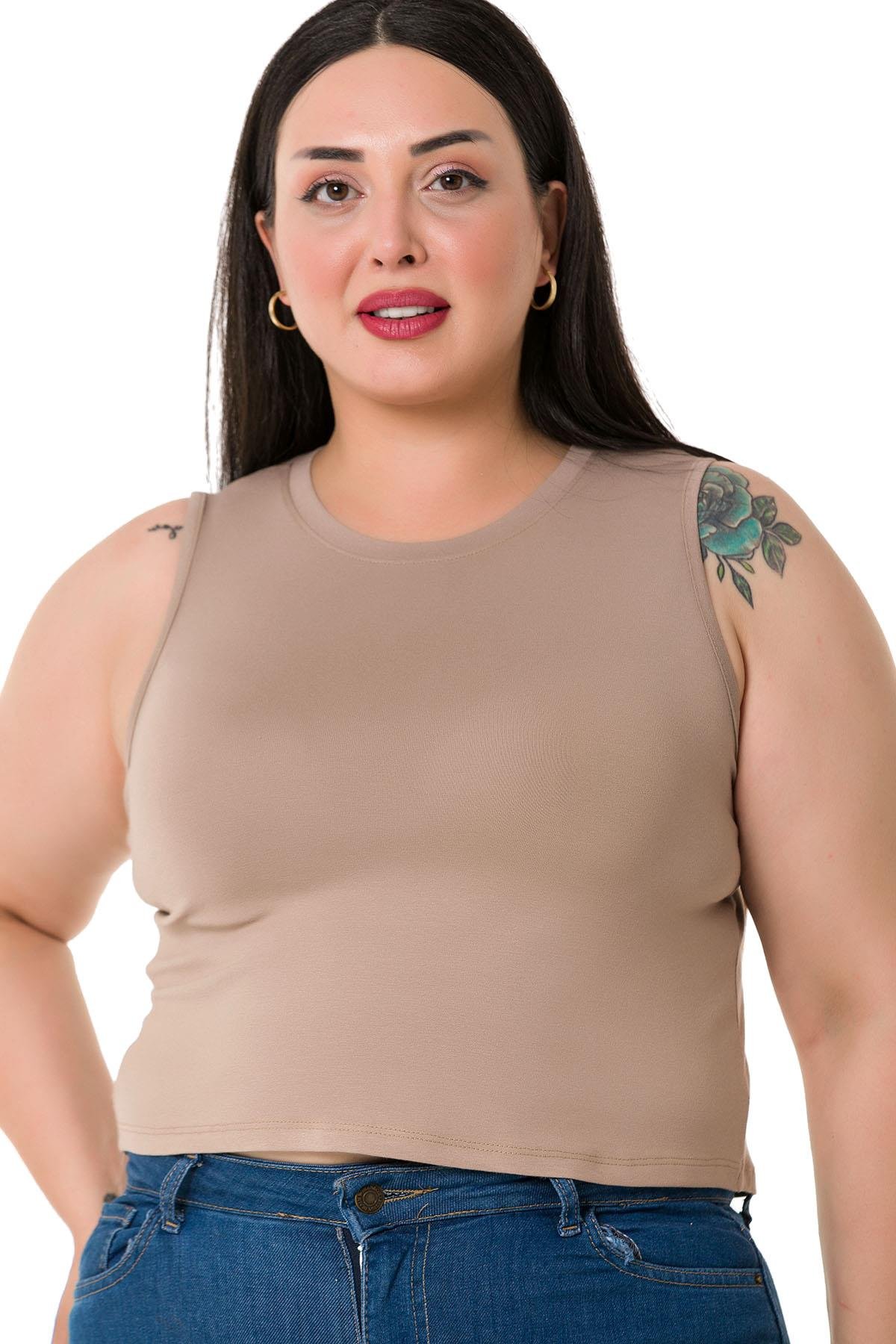 Büyük Beden Bisiklet Yaka Kolsuz Crop Viskon Vizon Body