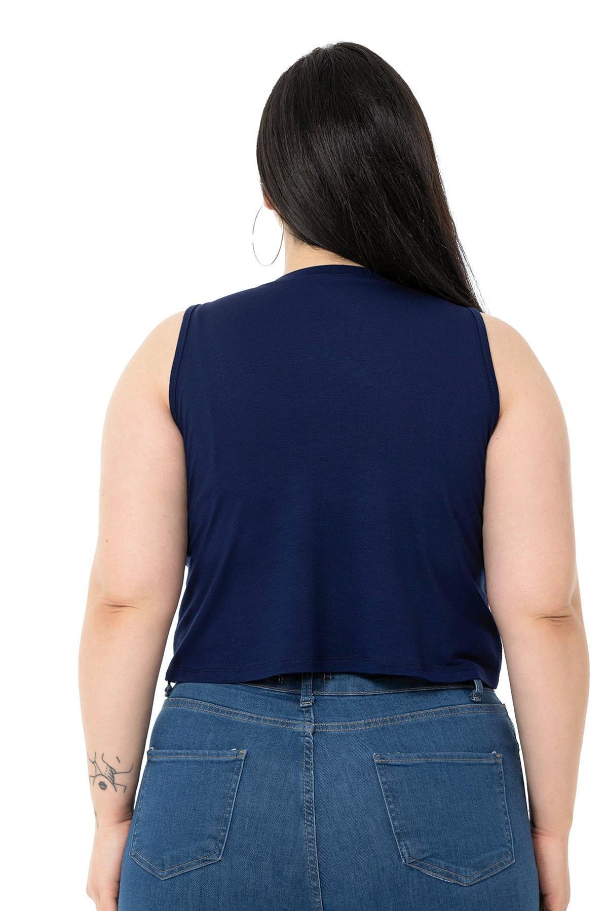 Büyük Beden Bisiklet Yaka Kolsuz Crop Viskon Lacivert Body