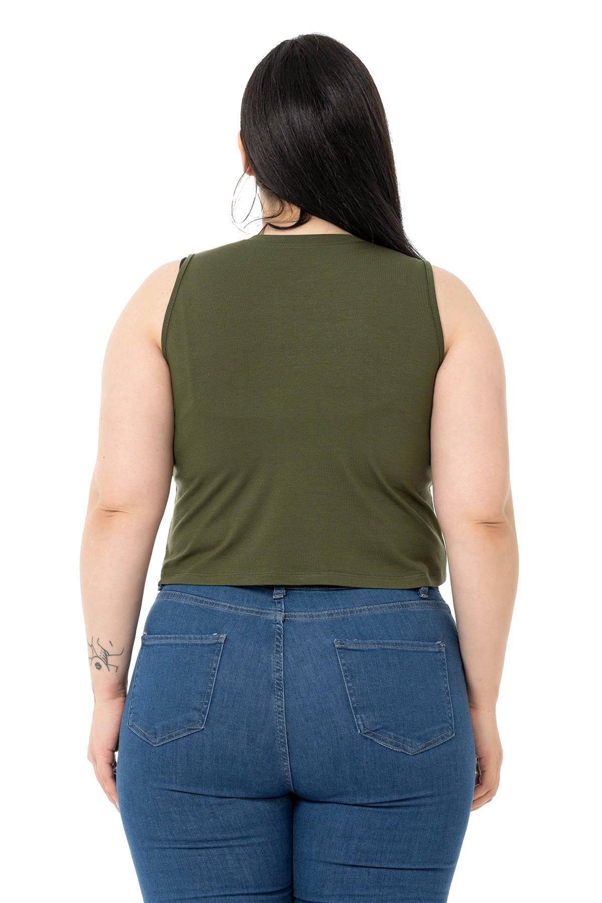 Büyük Beden Bisiklet Yaka Kolsuz Crop Viskon Haki Body
