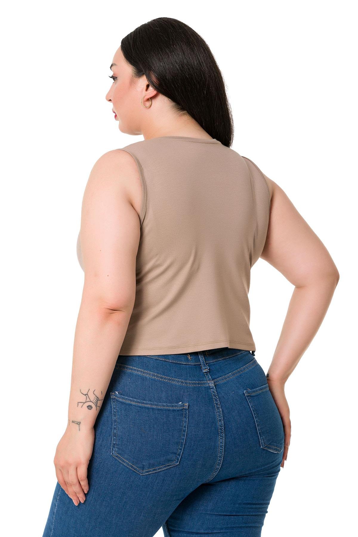 Büyük Beden Bisiklet Yaka Kolsuz Crop Viskon Vizon Body