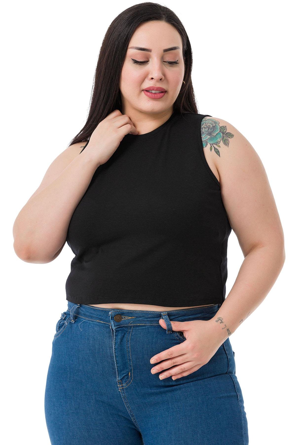 Büyük Beden Bisiklet Yaka Kolsuz Crop Viskon Siyah Body