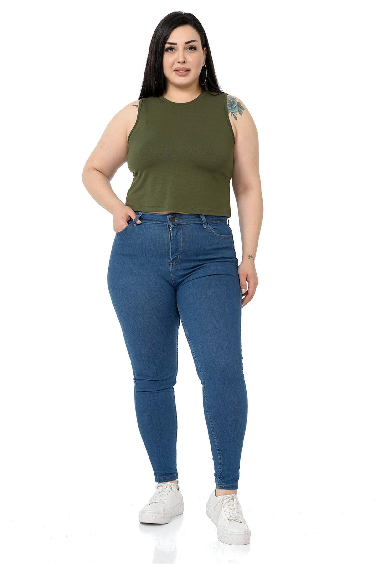 Büyük Beden Bisiklet Yaka Kolsuz Crop Viskon Haki Body