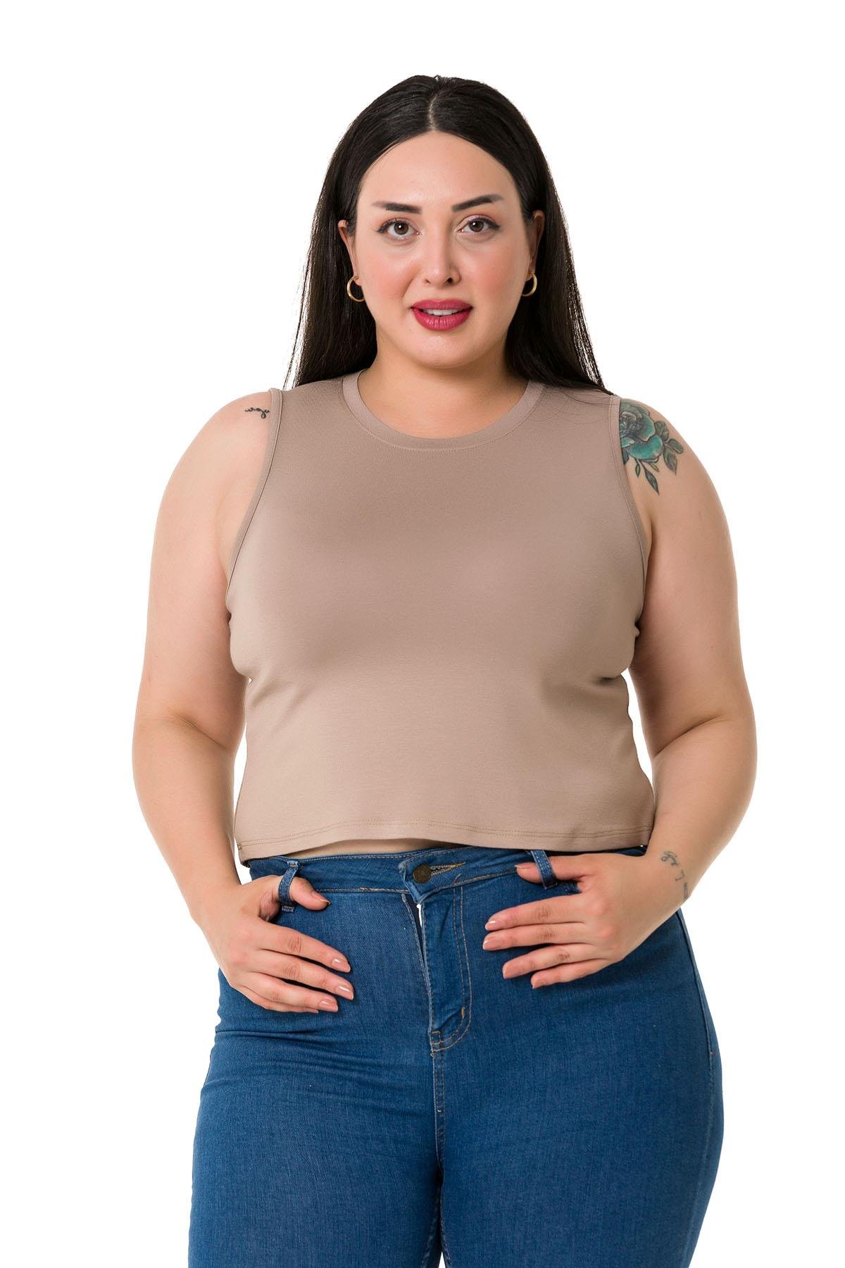 Büyük Beden Bisiklet Yaka Kolsuz Crop Viskon Vizon Body