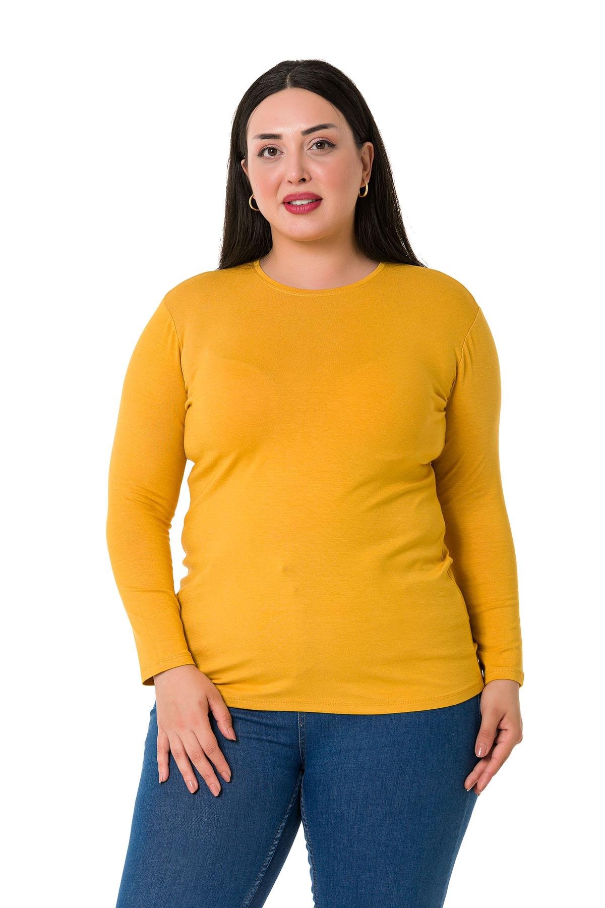Büyük Beden Bisiklet Yaka Uzun Kollu Viskon Hardal Body