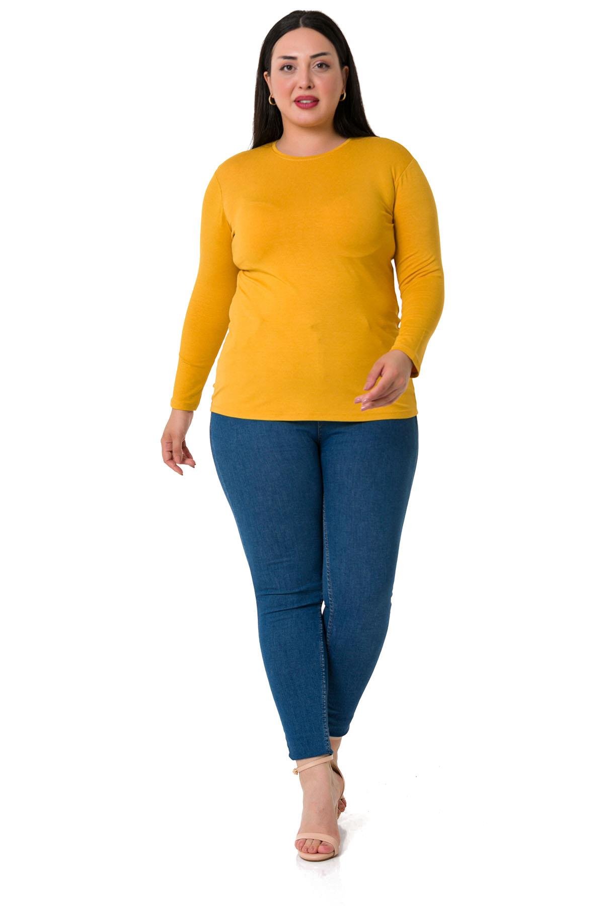 Büyük Beden Bisiklet Yaka Uzun Kollu Viskon Hardal Body