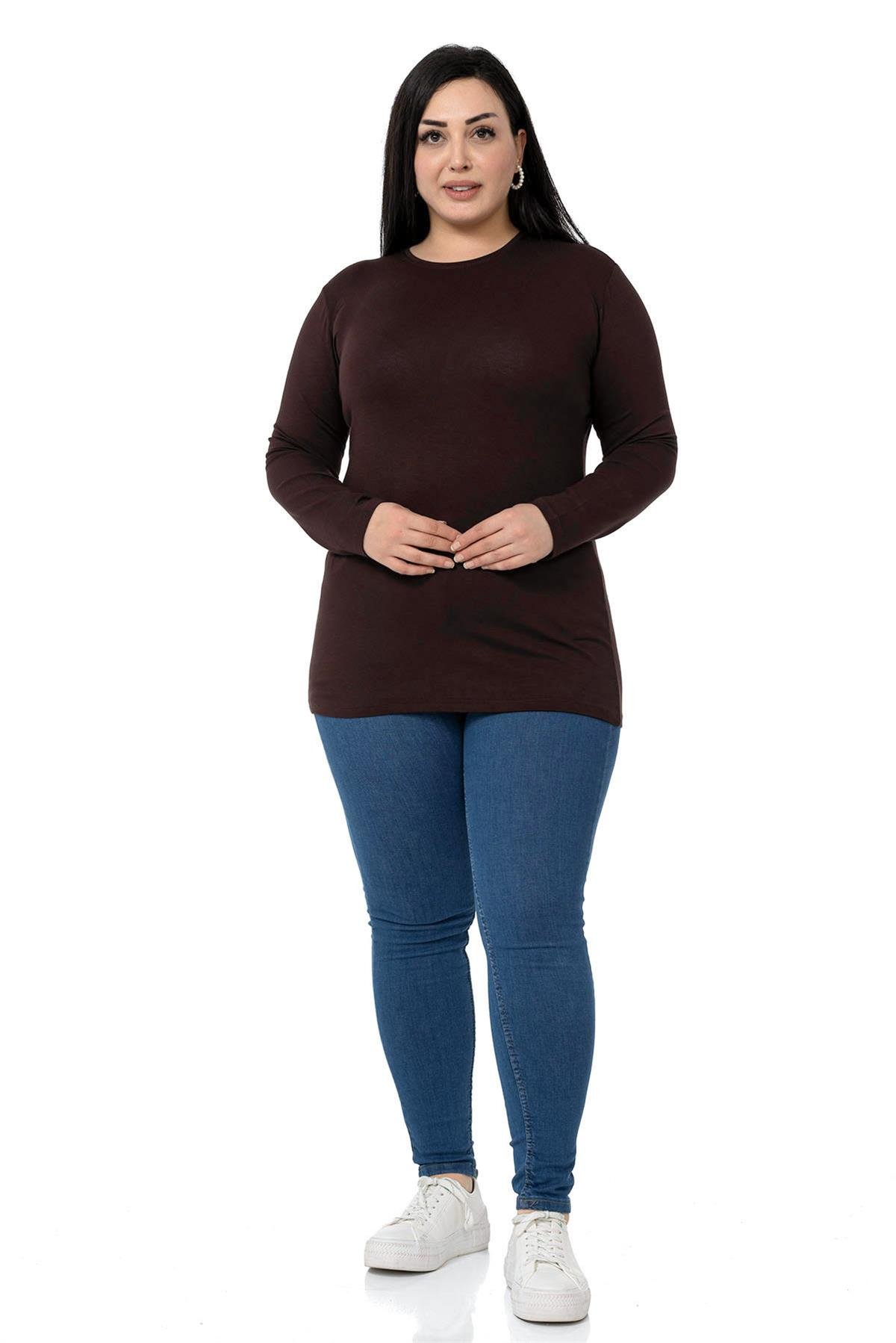 Büyük Beden Bisiklet Yaka Uzun Kollu Viskon Kahverengi Body