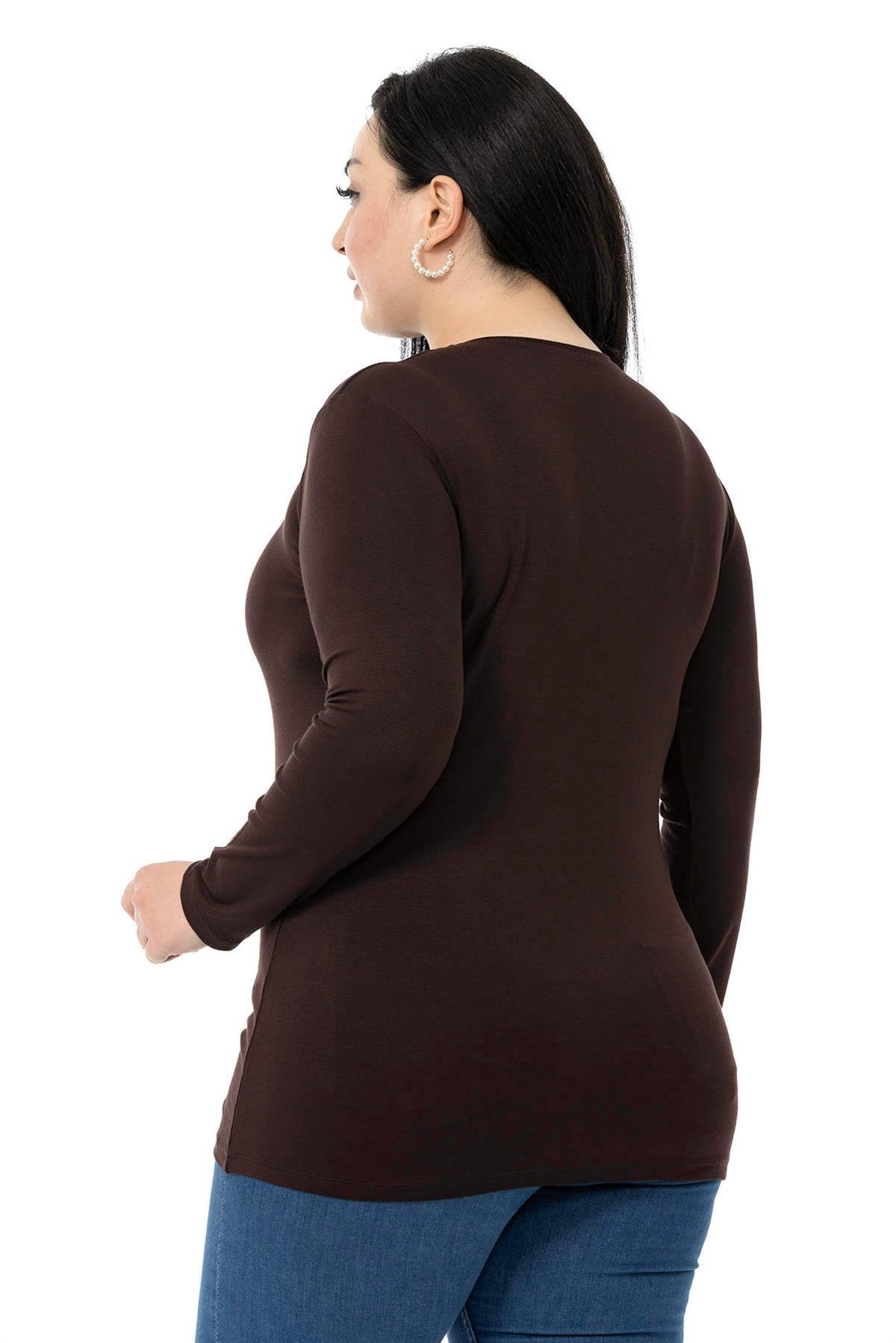 Büyük Beden Bisiklet Yaka Uzun Kollu Viskon Kahverengi Body