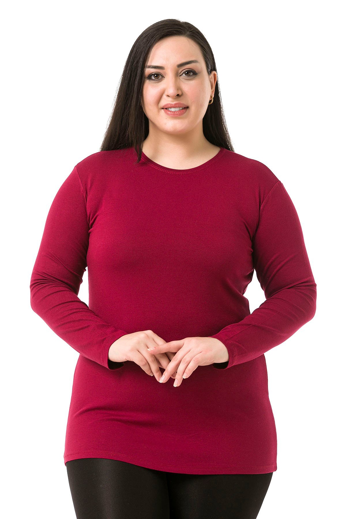 Büyük Beden Bisiklet Yaka Uzun Kollu Viskon Bordo Body