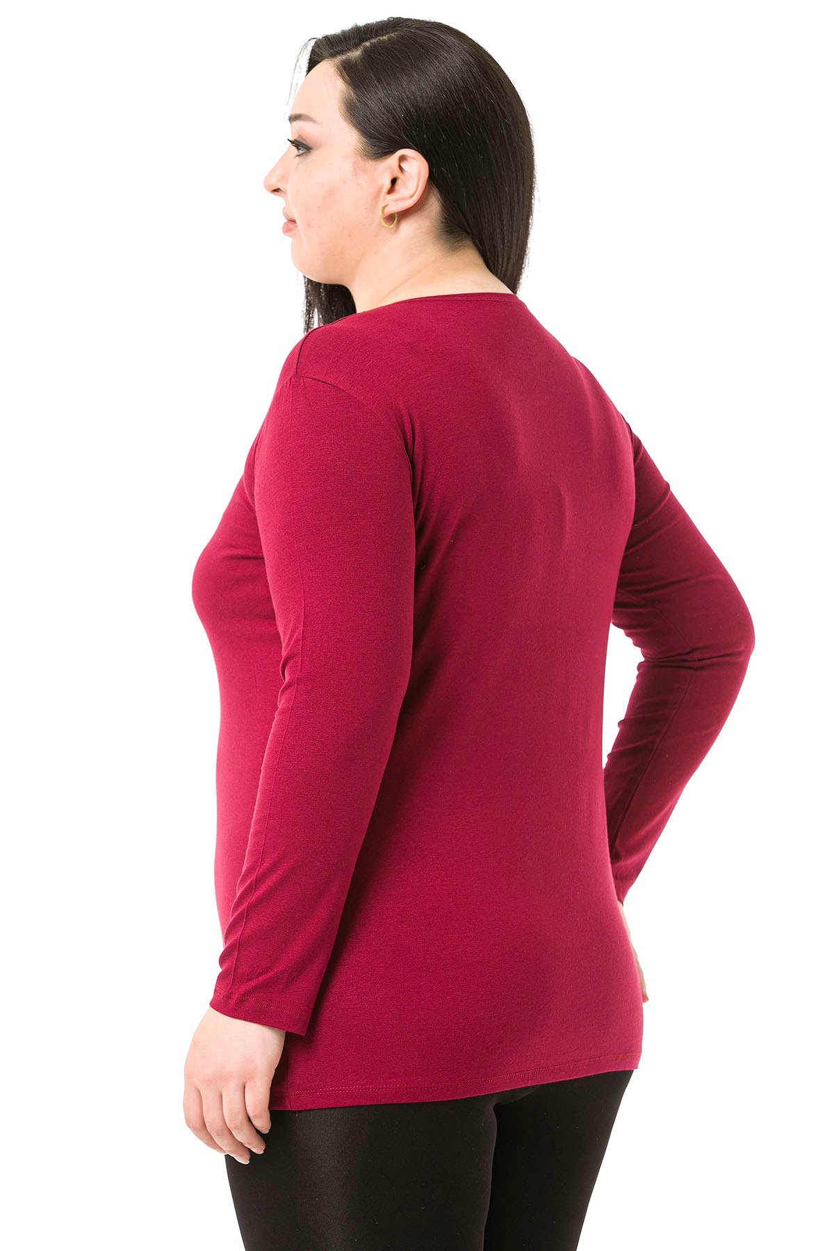 Büyük Beden Bisiklet Yaka Uzun Kollu Viskon Bordo Body