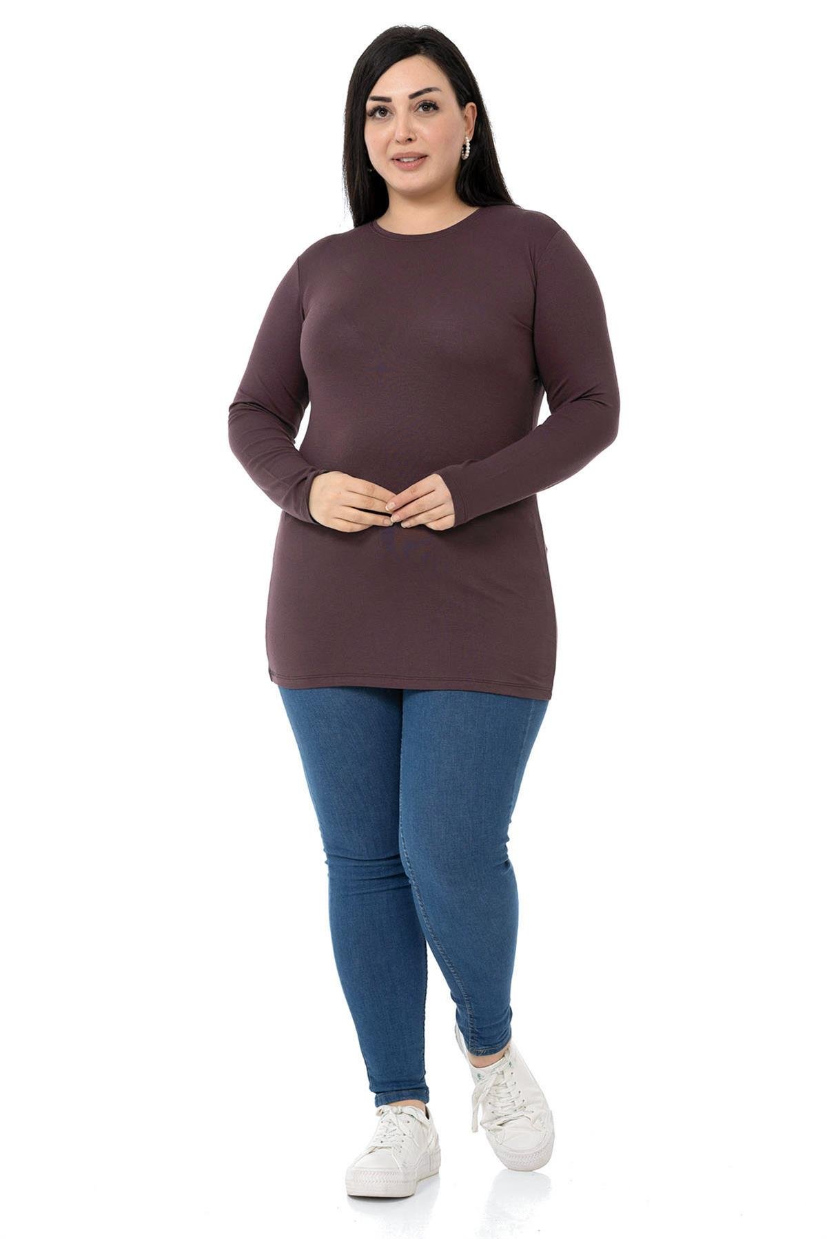 Büyük Beden Bisiklet Yaka Uzun Kollu Viskon Koyu Vizon Body
