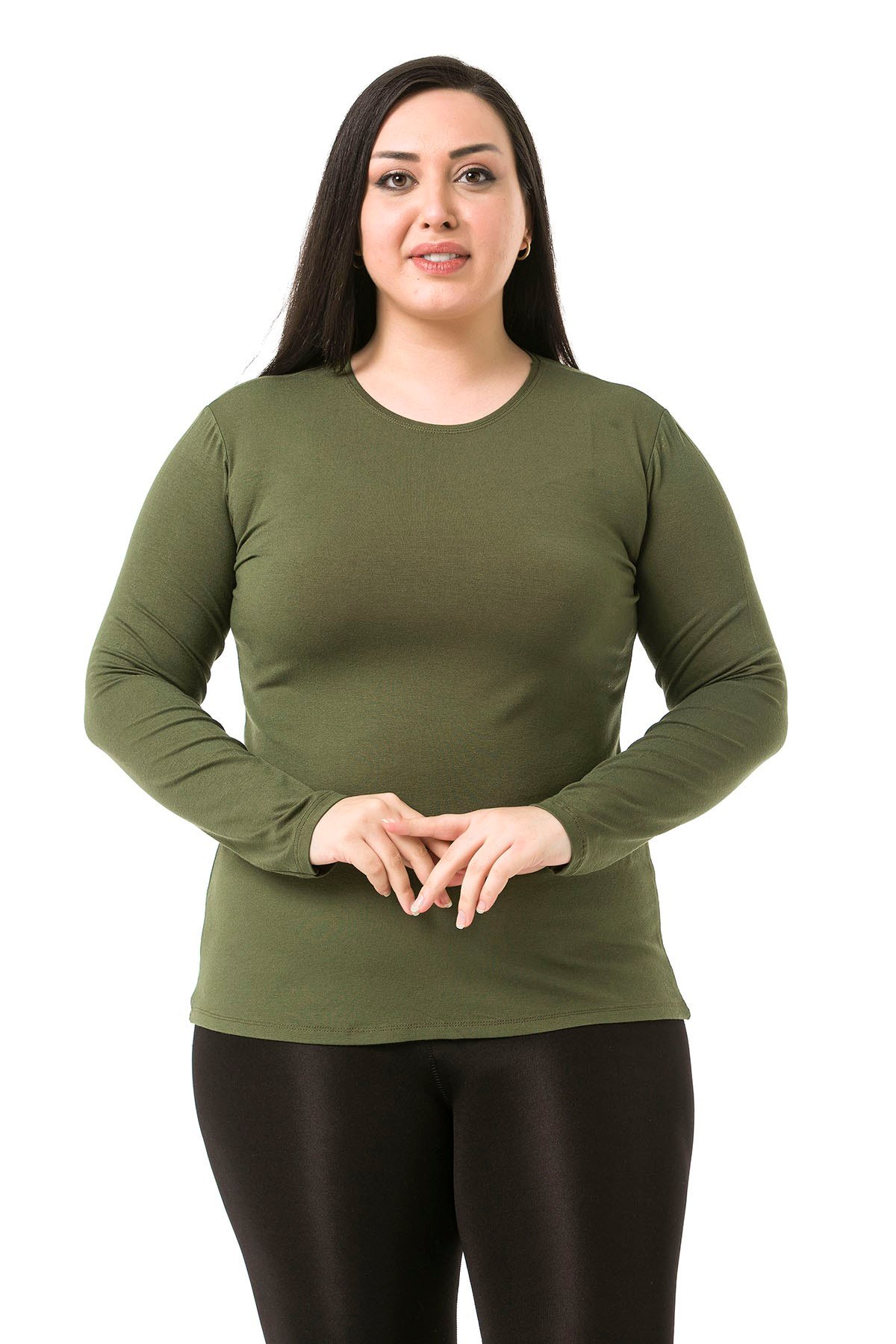Büyük Beden Bisiklet Yaka Uzun Kollu Viskon Haki Body