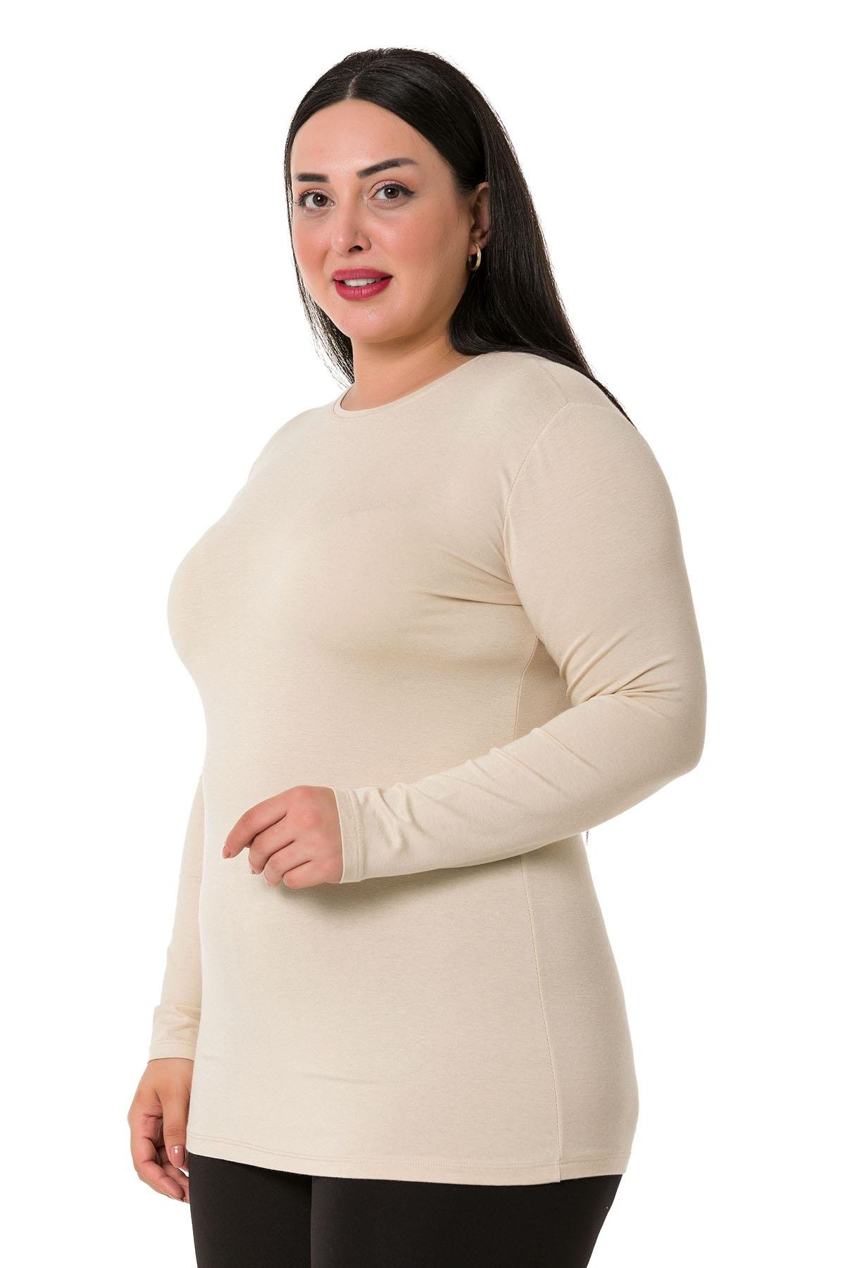 Büyük Beden Bisiklet Yaka Uzun Kollu Viskon Bej Body