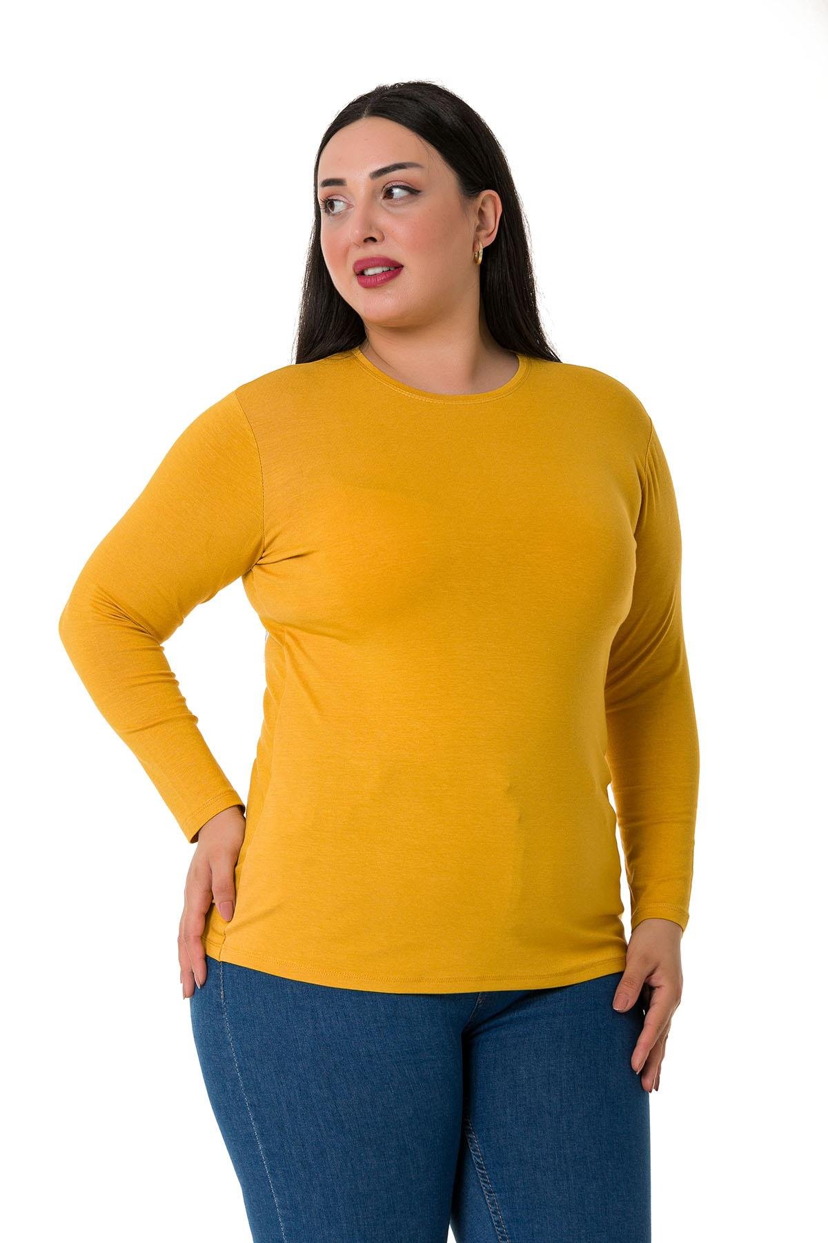 Büyük Beden Bisiklet Yaka Uzun Kollu Viskon Hardal Body