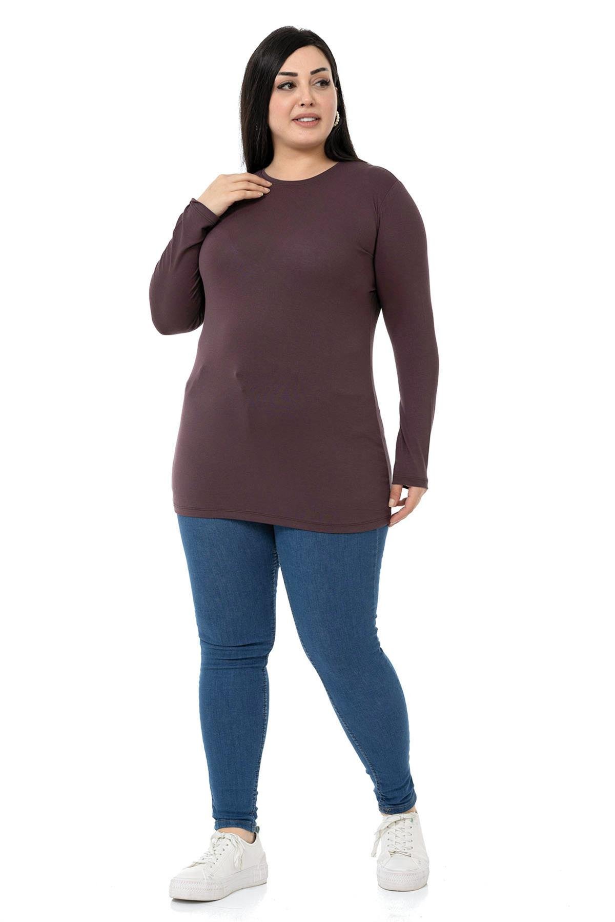 Büyük Beden Bisiklet Yaka Uzun Kollu Viskon Koyu Vizon Body