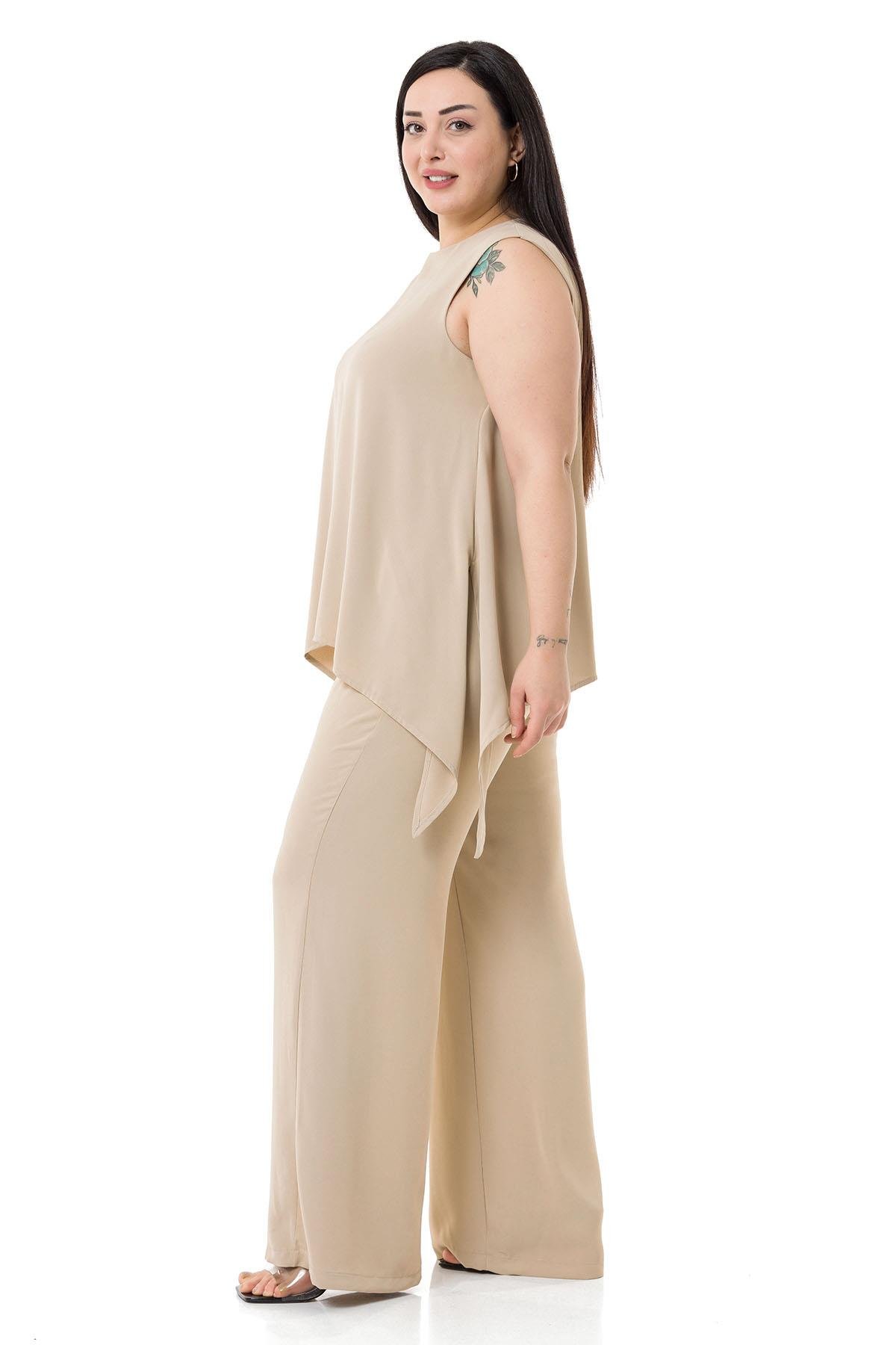 Büyük Beden Bluz Pantolon Bej Rengi Takım