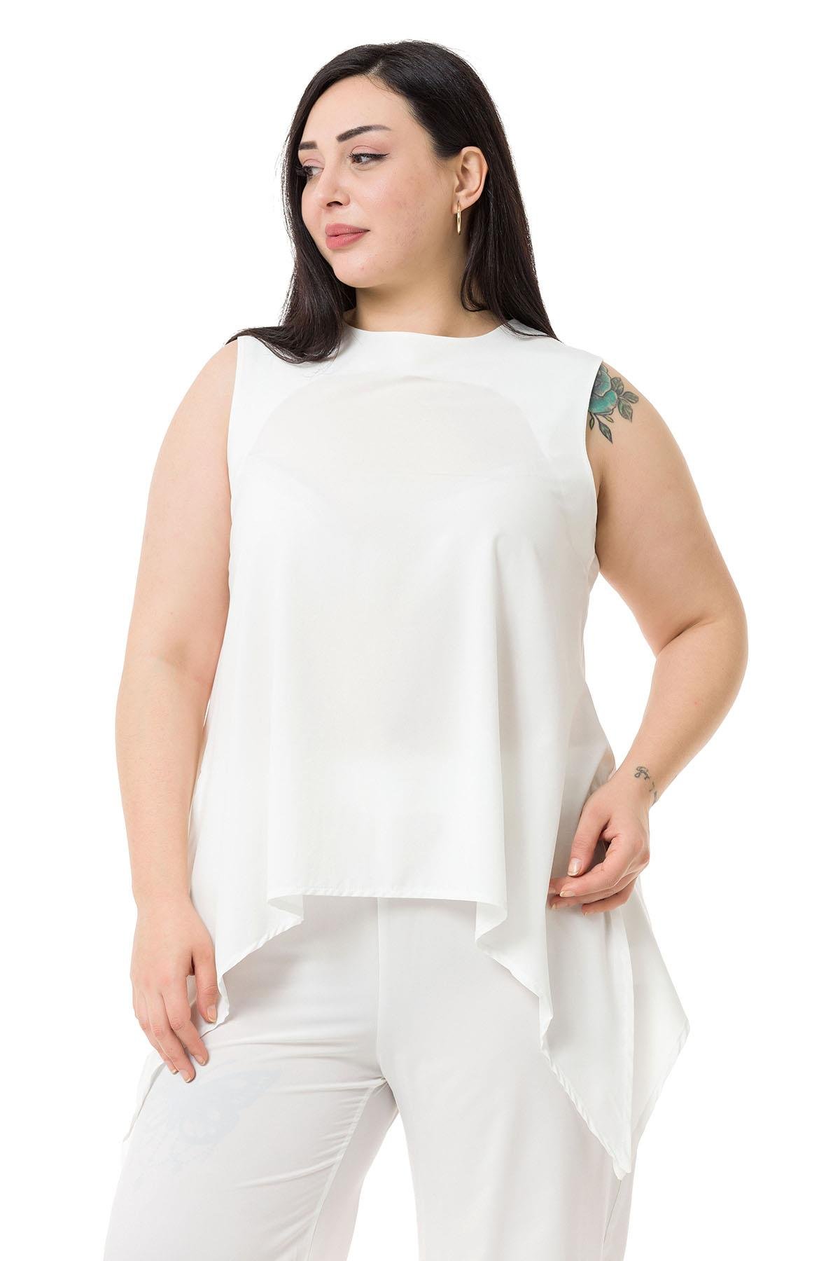 Büyük Beden Bluz Pantolon Beyaz Takım