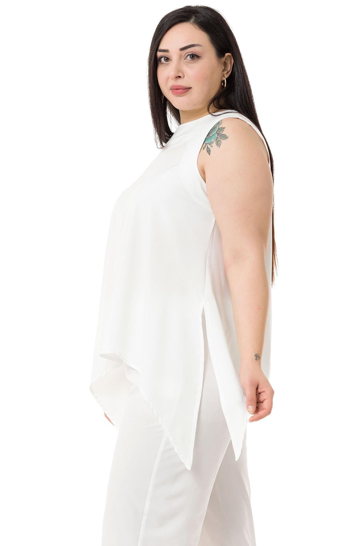 Büyük Beden Bluz Pantolon Beyaz Takım