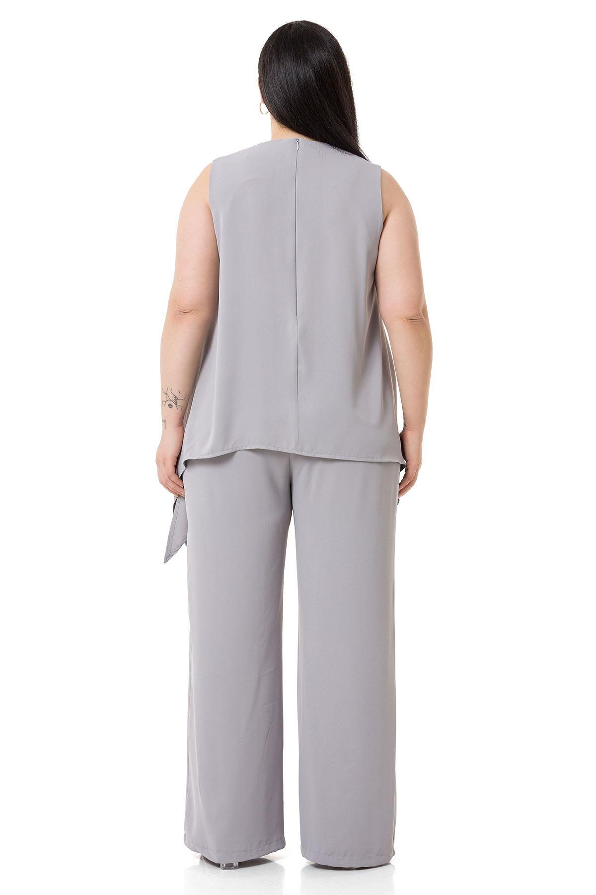 Büyük Beden Bluz Pantolon Gri Takım