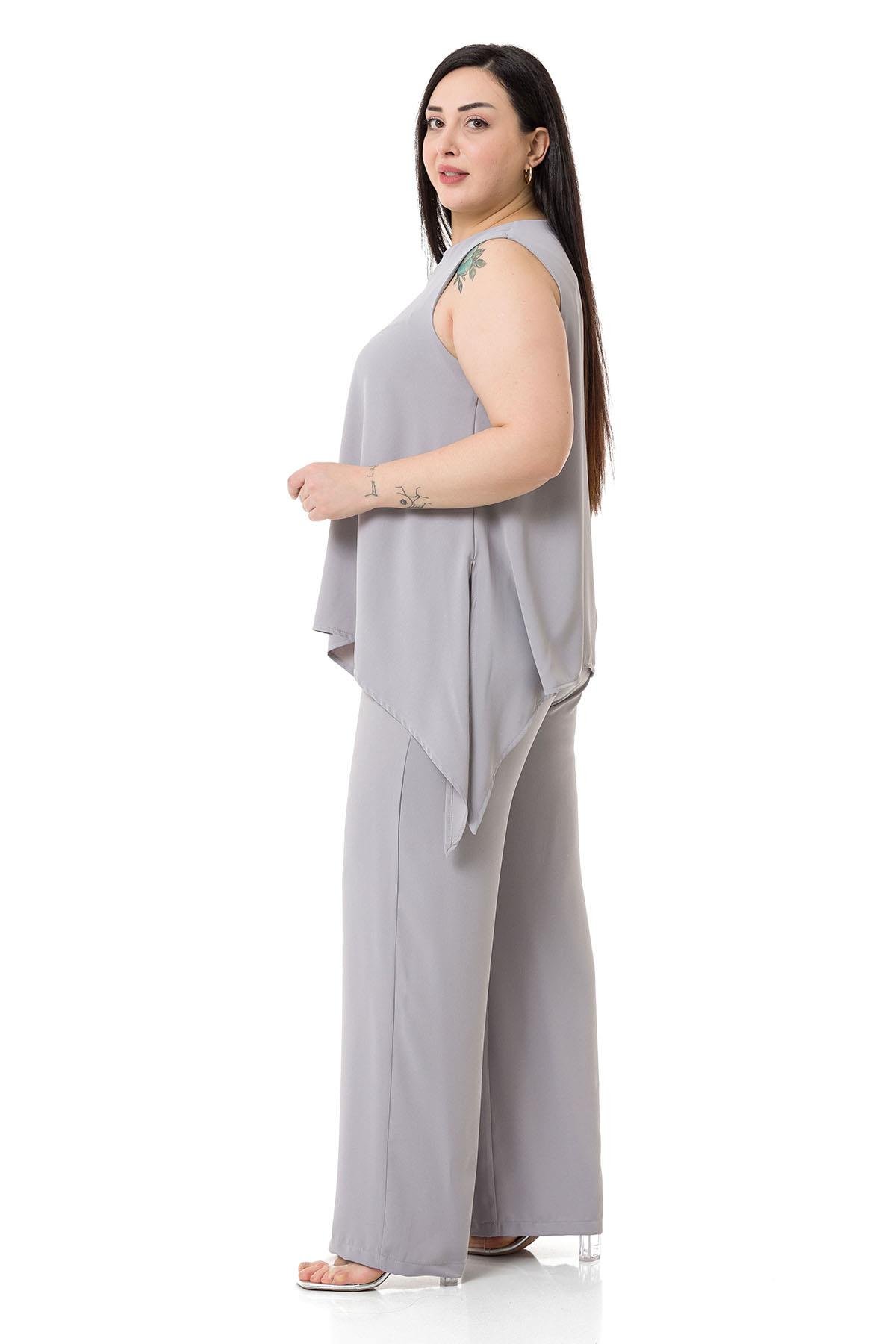 Büyük Beden Bluz Pantolon Gri Takım