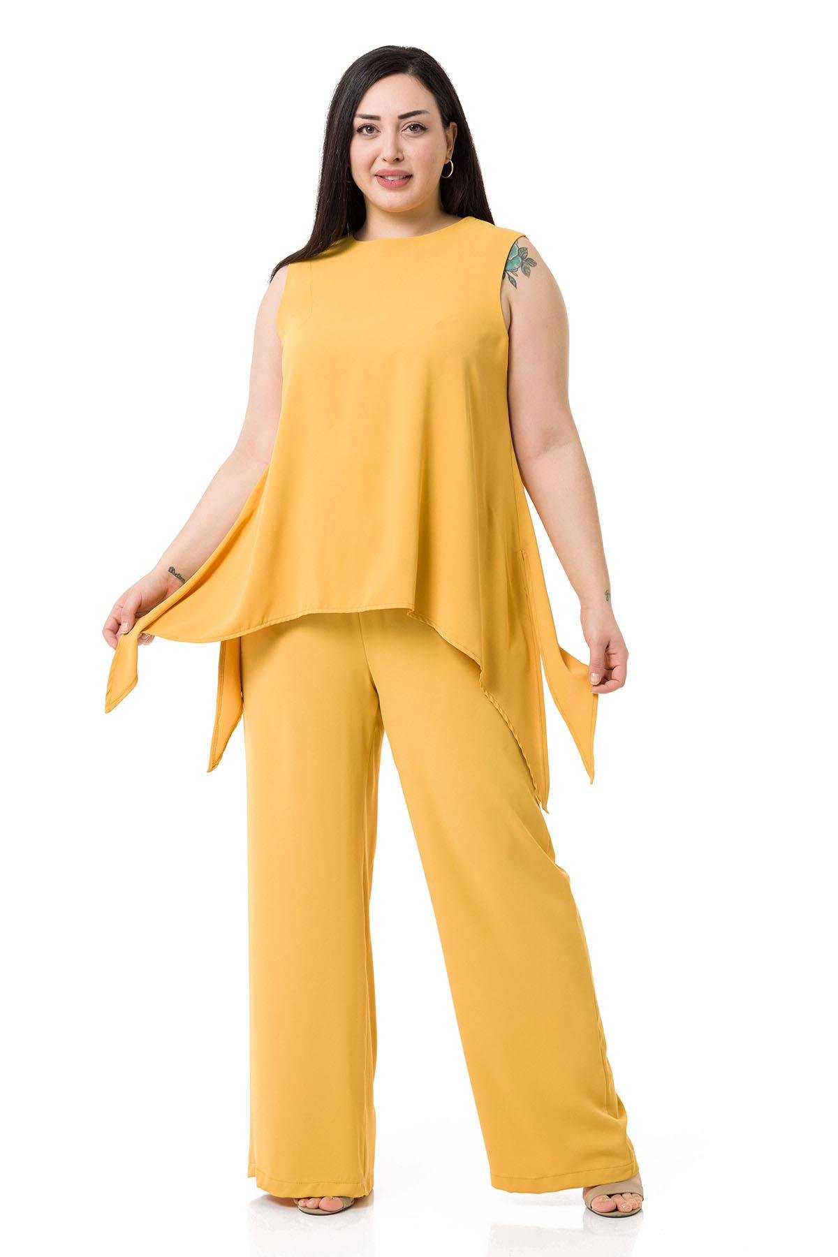 Büyük Beden Bluz Pantolon Sarı Takım