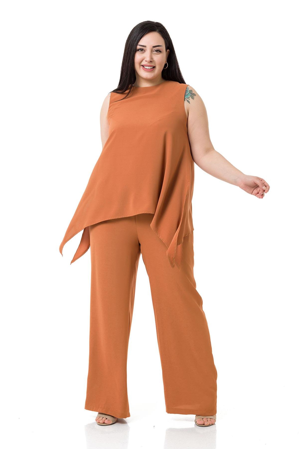 Büyük Beden Bluz Pantolon Tarçın Rengi Takım