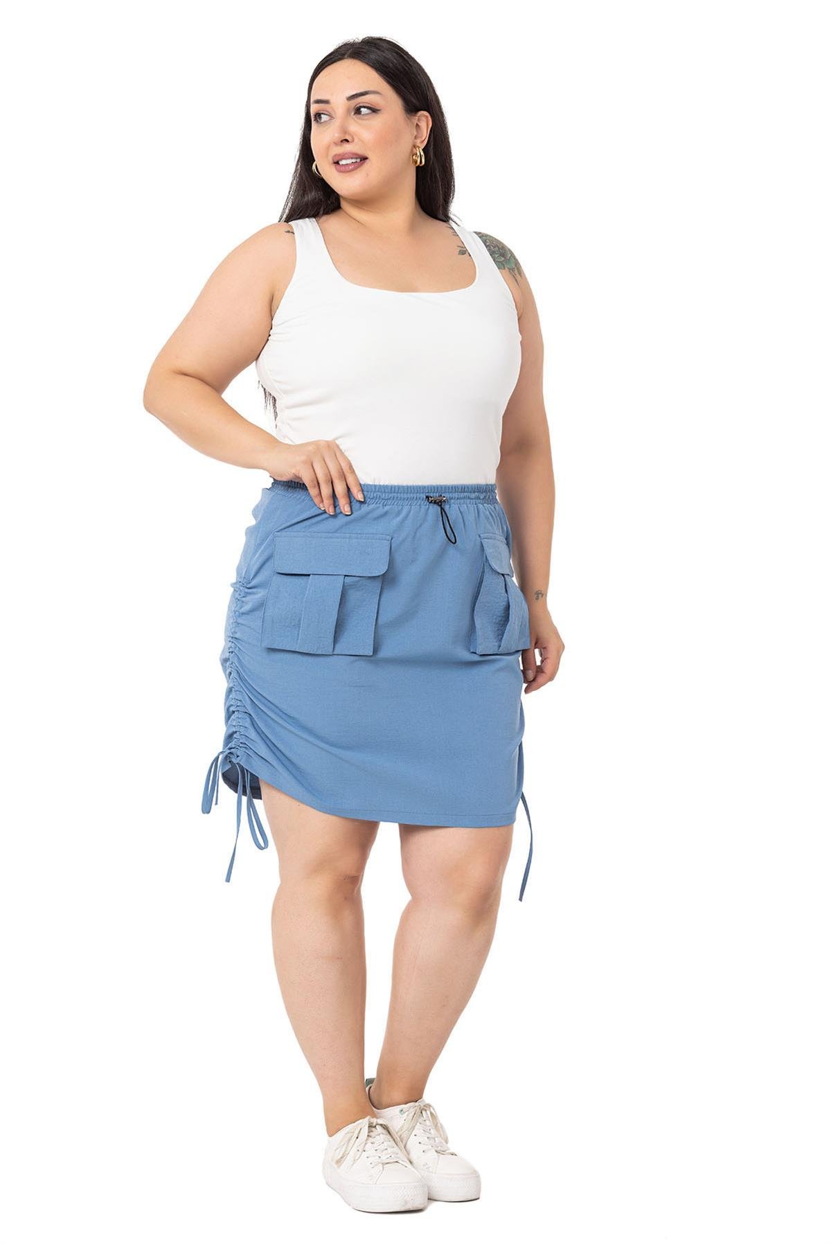 DISENTISDISENTIS MODESTBüyük Beden Büzgü Detaylı Paraşüt Mini Mavi Etek 