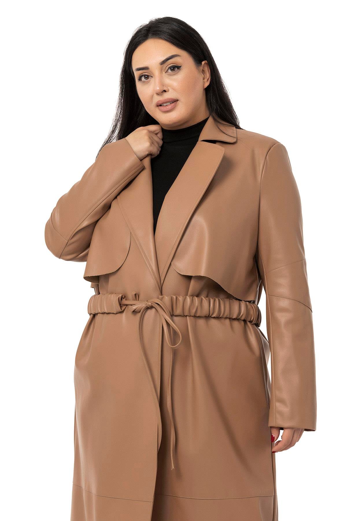 DISENTIS,DİSENTİS MODEST, BÜYÜK BEDEN, BIG SIZE, KABAN, DERİ KABAN, PARDESÜ,TRENÇKOTDISENTIS MODESTBüyük Beden Büzgülü Kemerli Rüzgarlıklı Uzun Deri Astarlı Vizon Kaban