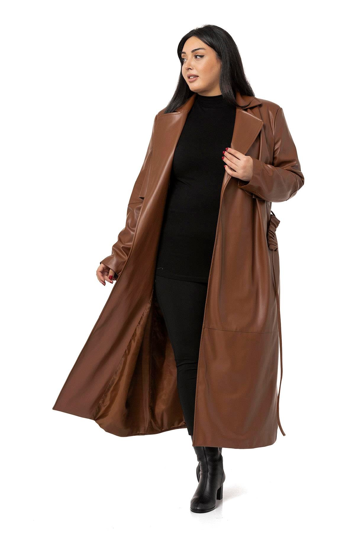 DISENTIS,DİSENTİS MODEST, BÜYÜK BEDEN, BIG SIZE, KABAN, DERİ KABAN, PARDESÜ,TRENÇKOTDISENTIS MODESTBüyük Beden Büzgülü Kemerli Rüzgarlıklı Uzun Deri Astarlı Kahverengi Kaban