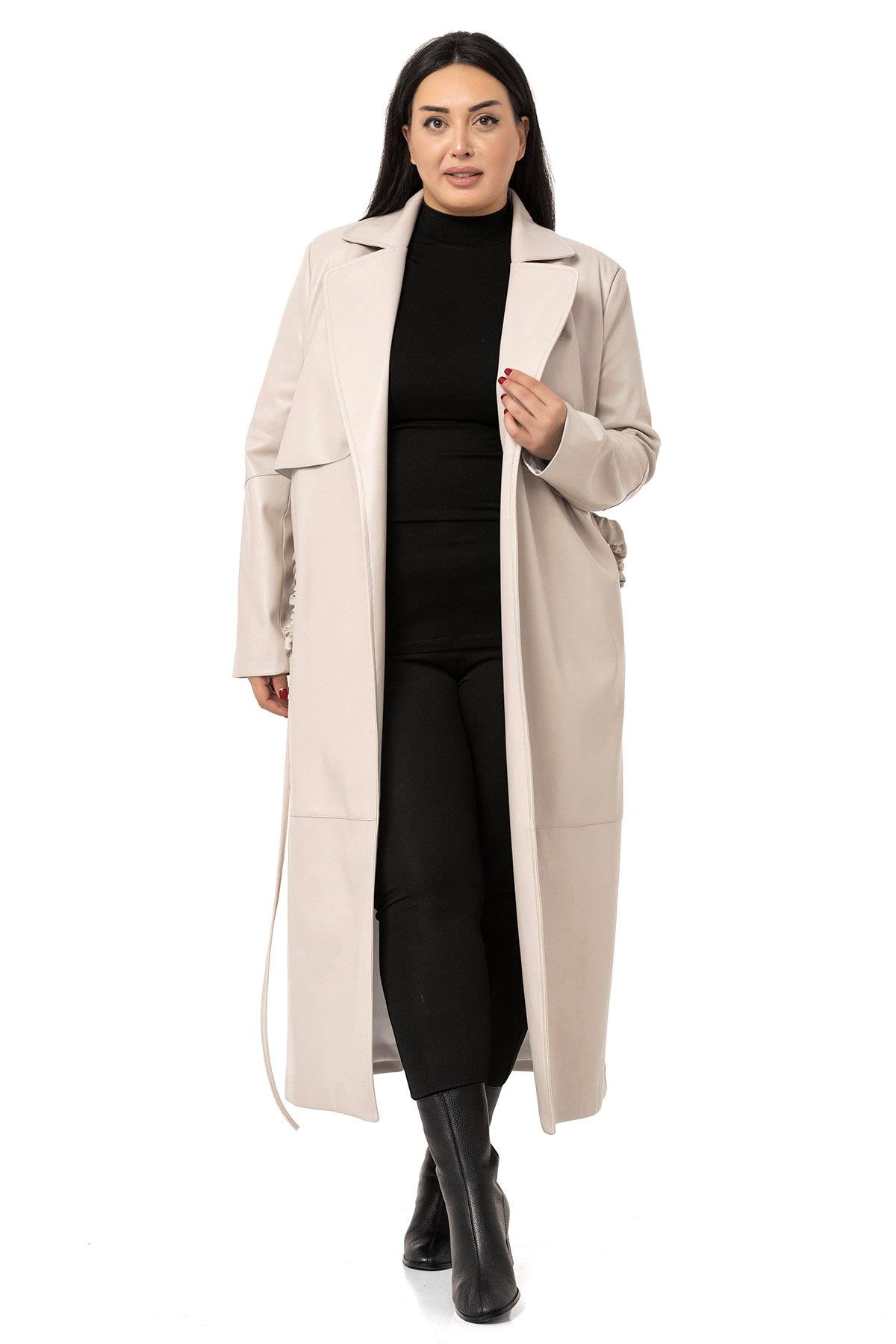 DISENTIS,DİSENTİS MODEST, BÜYÜK BEDEN, BIG SIZE, KABAN, DERİ KABAN, PARDESÜ,TRENÇKOTDISENTIS MODESTBüyük Beden Büzgülü Kemerli Rüzgarlıklı Uzun Deri Astarlı Taş Rengi Kaban