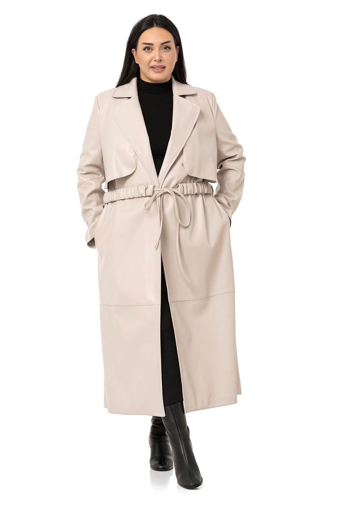 DISENTIS,DİSENTİS MODEST, BÜYÜK BEDEN, BIG SIZE, KABAN, DERİ KABAN, PARDESÜ,TRENÇKOTDISENTIS MODESTBüyük Beden Büzgülü Kemerli Rüzgarlıklı Uzun Deri Astarlı Taş Rengi Kaban