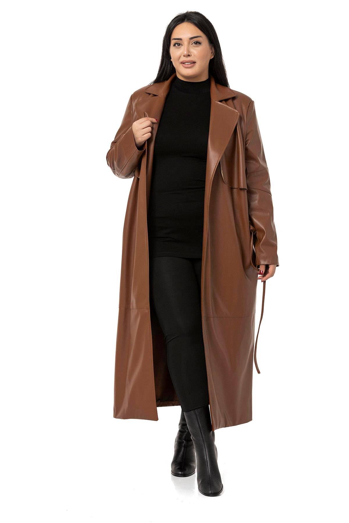 DISENTIS,DİSENTİS MODEST, BÜYÜK BEDEN, BIG SIZE, KABAN, DERİ KABAN, PARDESÜ,TRENÇKOTDISENTIS MODESTBüyük Beden Büzgülü Kemerli Rüzgarlıklı Uzun Deri Astarlı Kahverengi Kaban