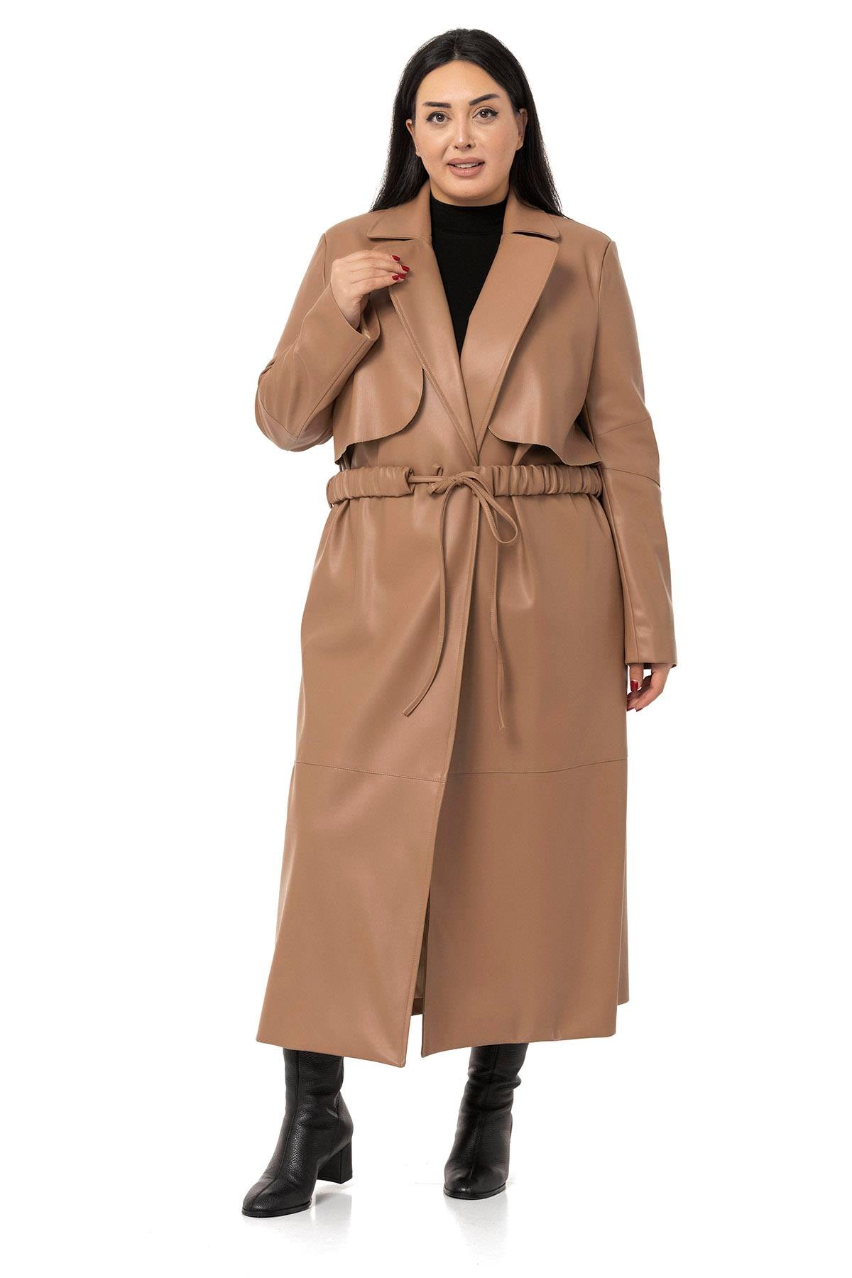 DISENTIS,DİSENTİS MODEST, BÜYÜK BEDEN, BIG SIZE, KABAN, DERİ KABAN, PARDESÜ,TRENÇKOTDISENTIS MODESTBüyük Beden Büzgülü Kemerli Rüzgarlıklı Uzun Deri Astarlı Vizon Kaban