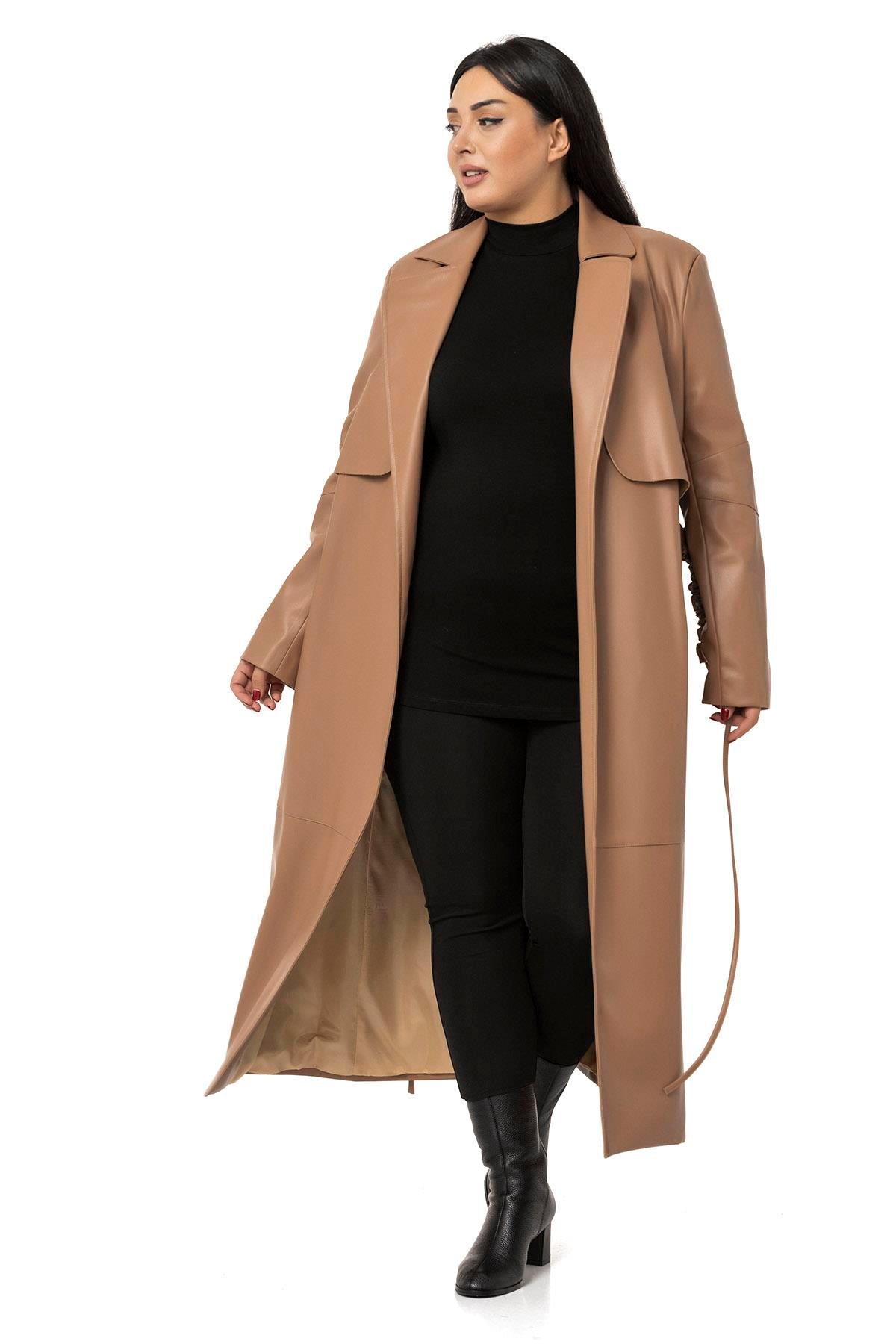 DISENTIS,DİSENTİS MODEST, BÜYÜK BEDEN, BIG SIZE, KABAN, DERİ KABAN, PARDESÜ,TRENÇKOTDISENTIS MODESTBüyük Beden Büzgülü Kemerli Rüzgarlıklı Uzun Deri Astarlı Vizon Kaban