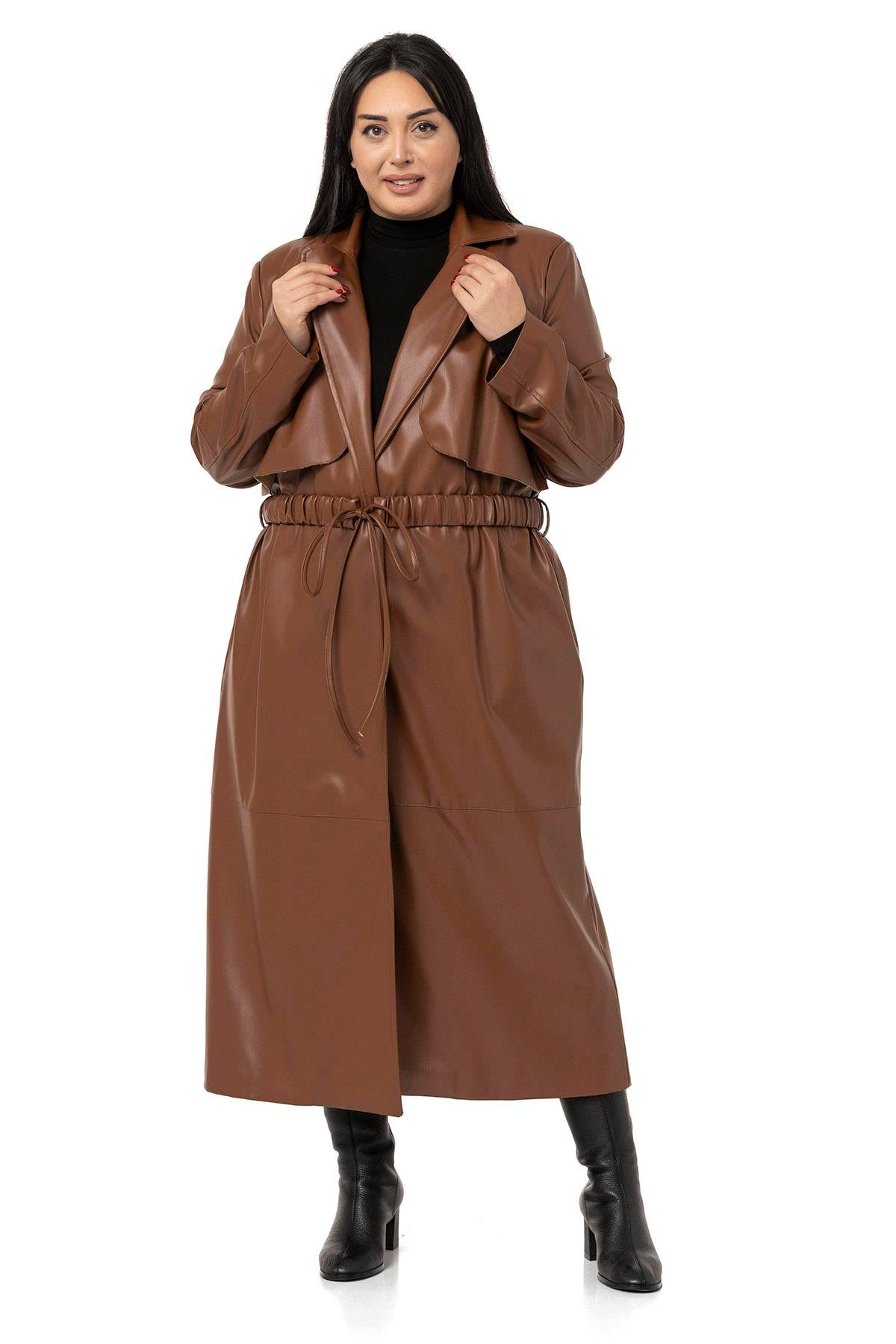 DISENTIS,DİSENTİS MODEST, BÜYÜK BEDEN, BIG SIZE, KABAN, DERİ KABAN, PARDESÜ,TRENÇKOTDISENTIS MODESTBüyük Beden Büzgülü Kemerli Rüzgarlıklı Uzun Deri Astarlı Kahverengi Kaban