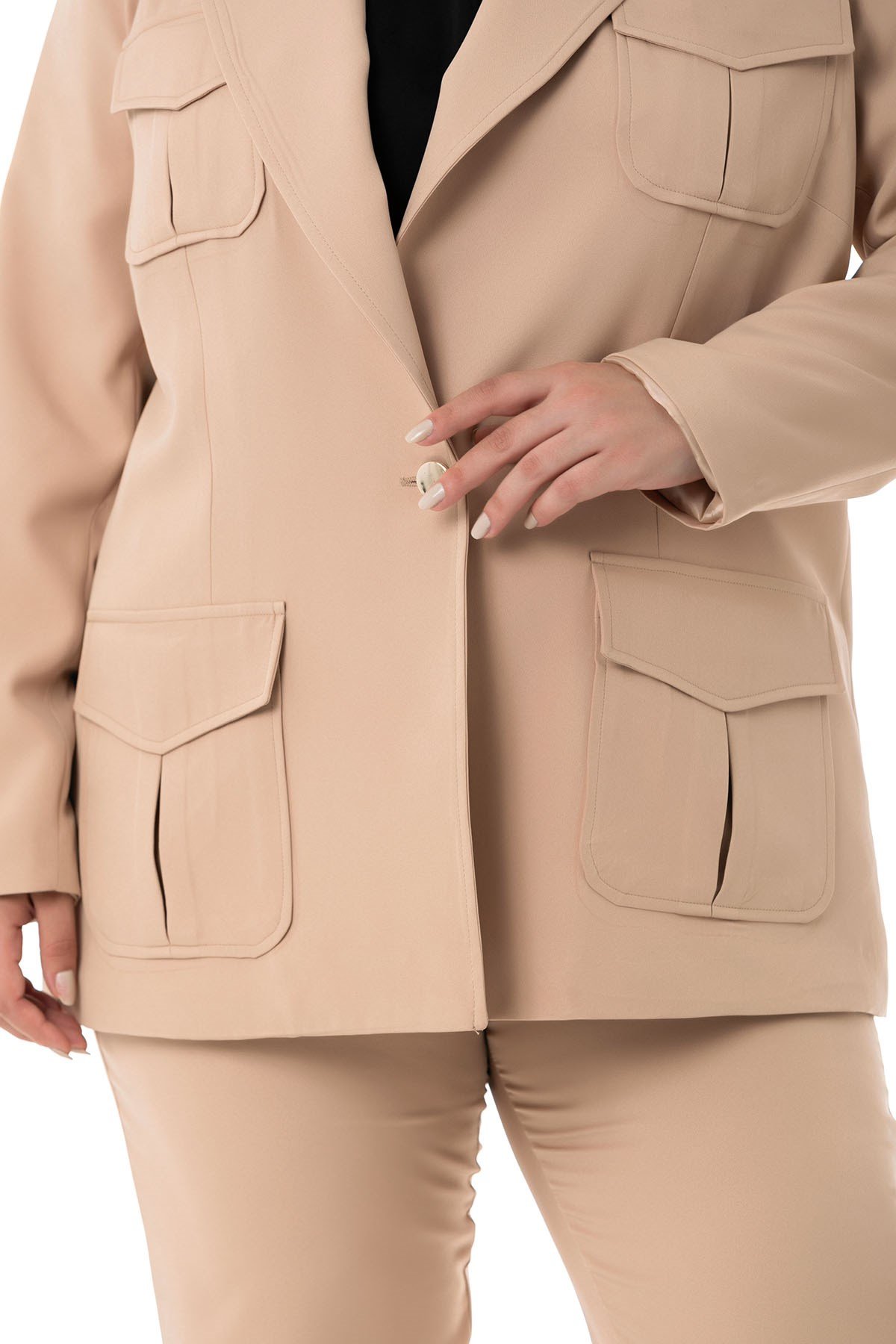 Büyük Beden Ceket Pantolon Bej Rengi Takım