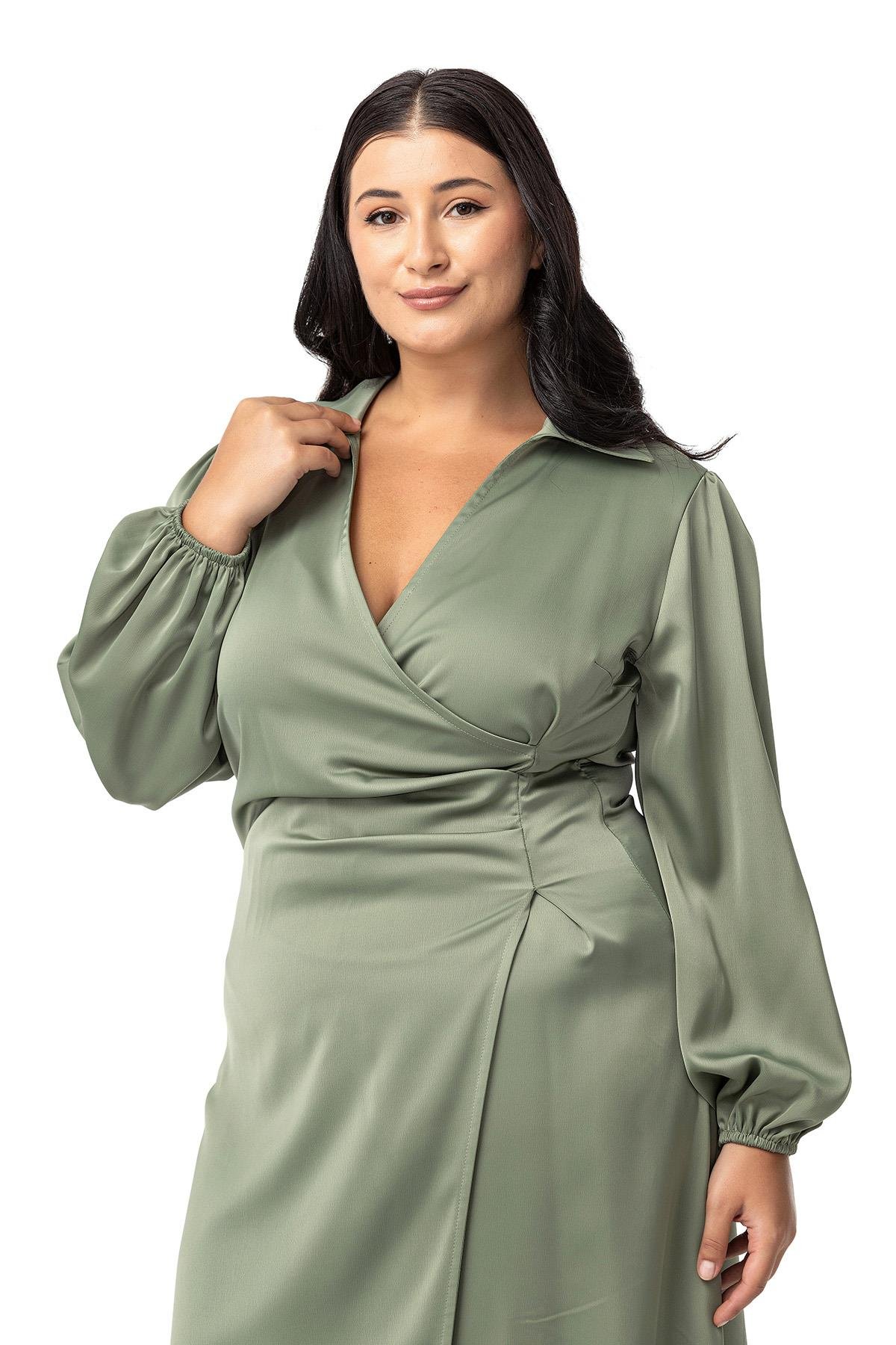 Disentis Modest Büyük Beden Derin V Yaka Beli Yandan Drapeli Saten Mint Yeşili ElbiseDISENTIS MODESTBüyük Beden Derin V Yaka Beli Yandan Drapeli Saten Mint Yeşili Elbise