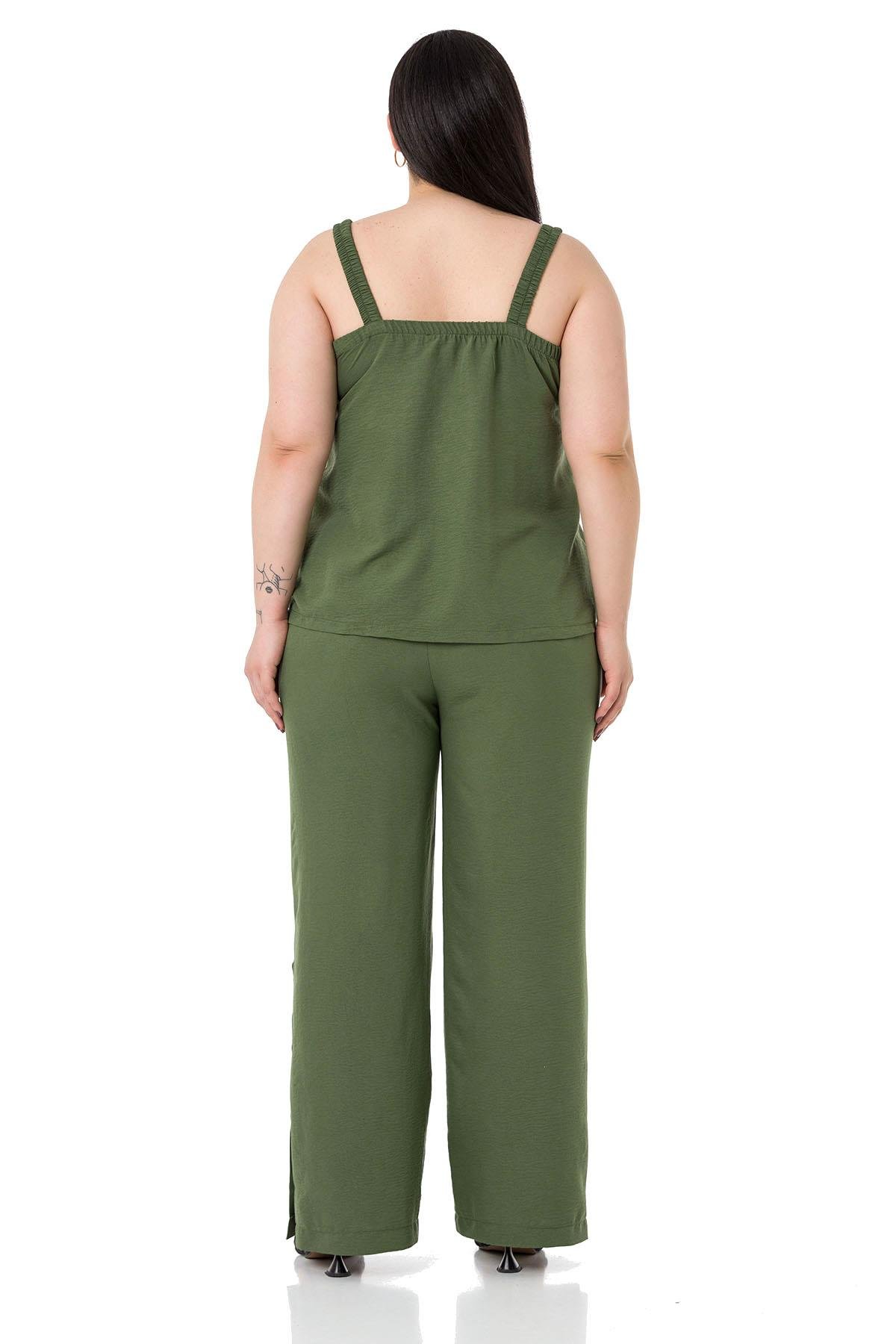 Büyük Beden Düğme Detaylı Bluz Pantolon Aerobin Haki Takım