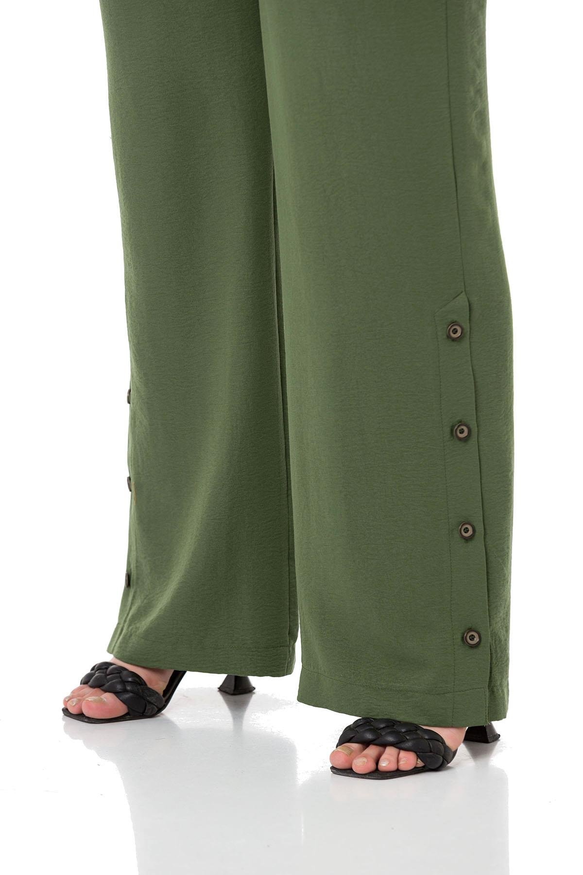 Büyük Beden Düğme Detaylı Bluz Pantolon Aerobin Haki Takım