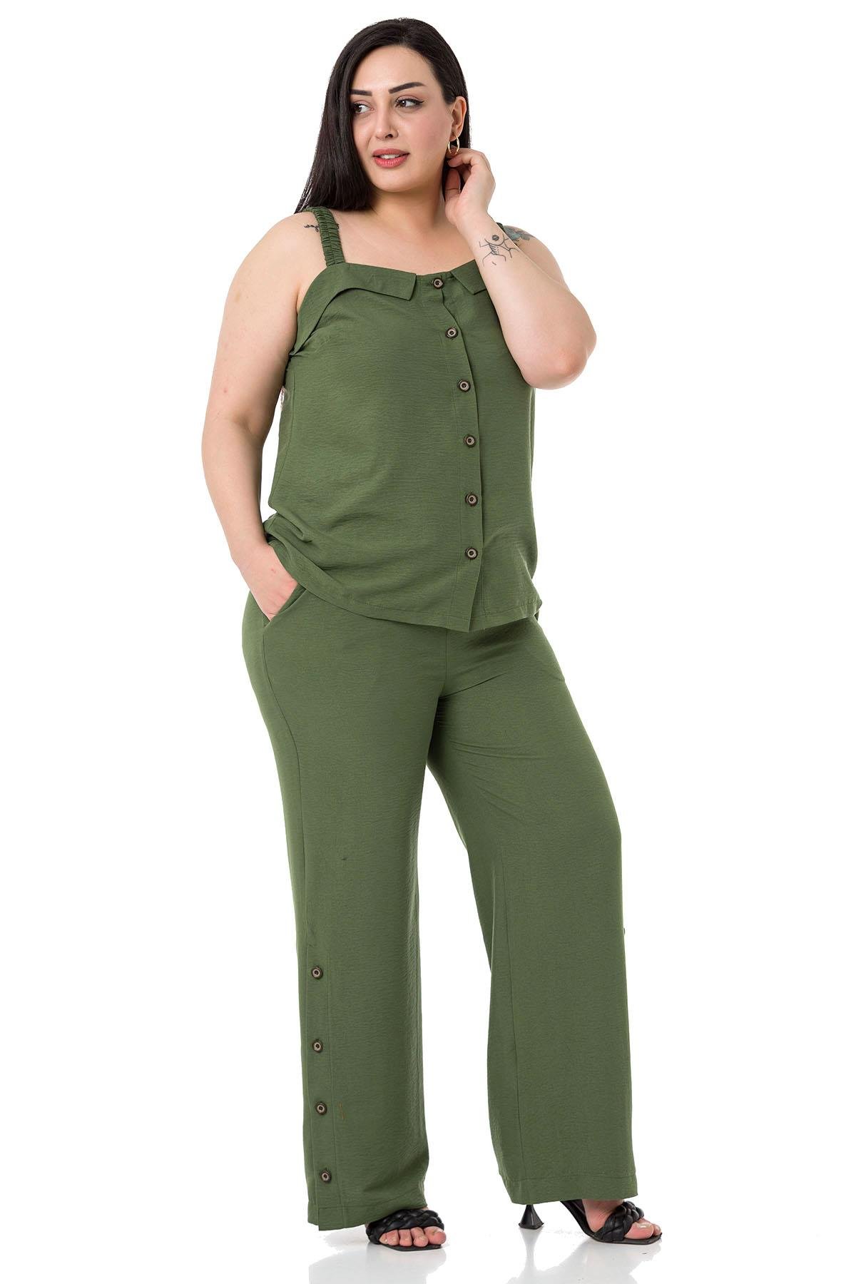 Büyük Beden Düğme Detaylı Bluz Pantolon Aerobin Haki Takım