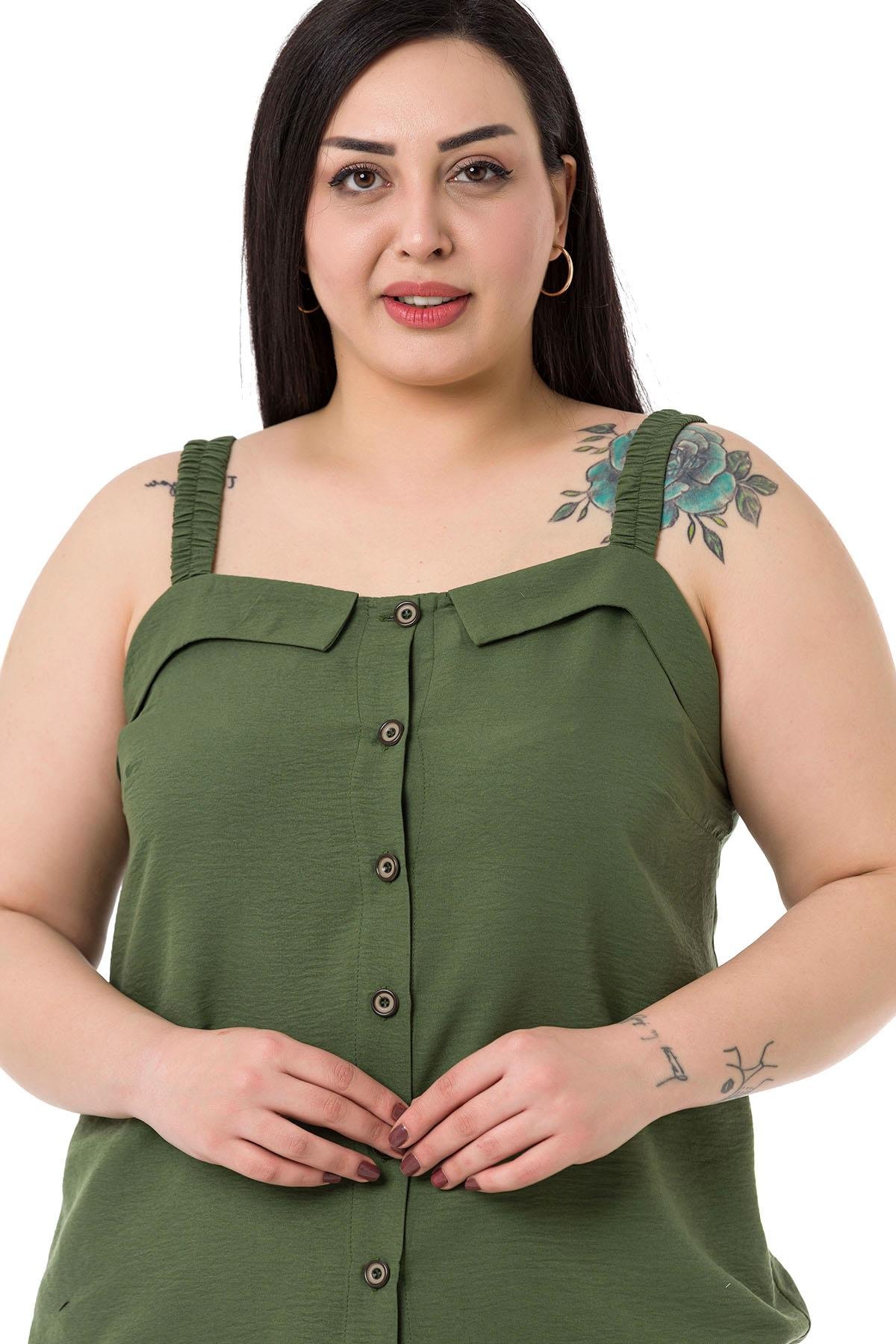 Büyük Beden Düğme Detaylı Bluz Pantolon Aerobin Haki Takım